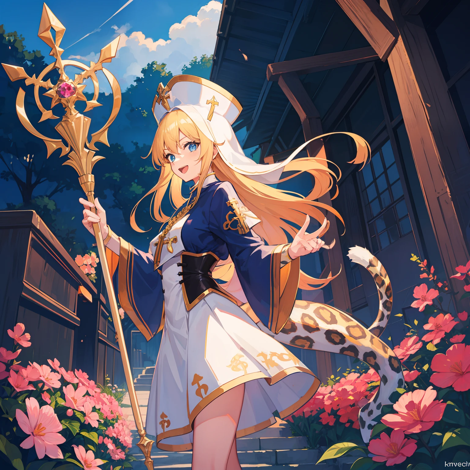 hentai anime style, 2D, anime girl, Best Quality, masterpiece, (1 girl has a tail:1.3),(tail : leopard), blonde hair, long hair, blue eyes, holding Sacred Staff BREAK (white priest clothes:1.2), tall hats BREAK blue skirt, standing, open mouth, smile, hand sign, scenery, look at viewer