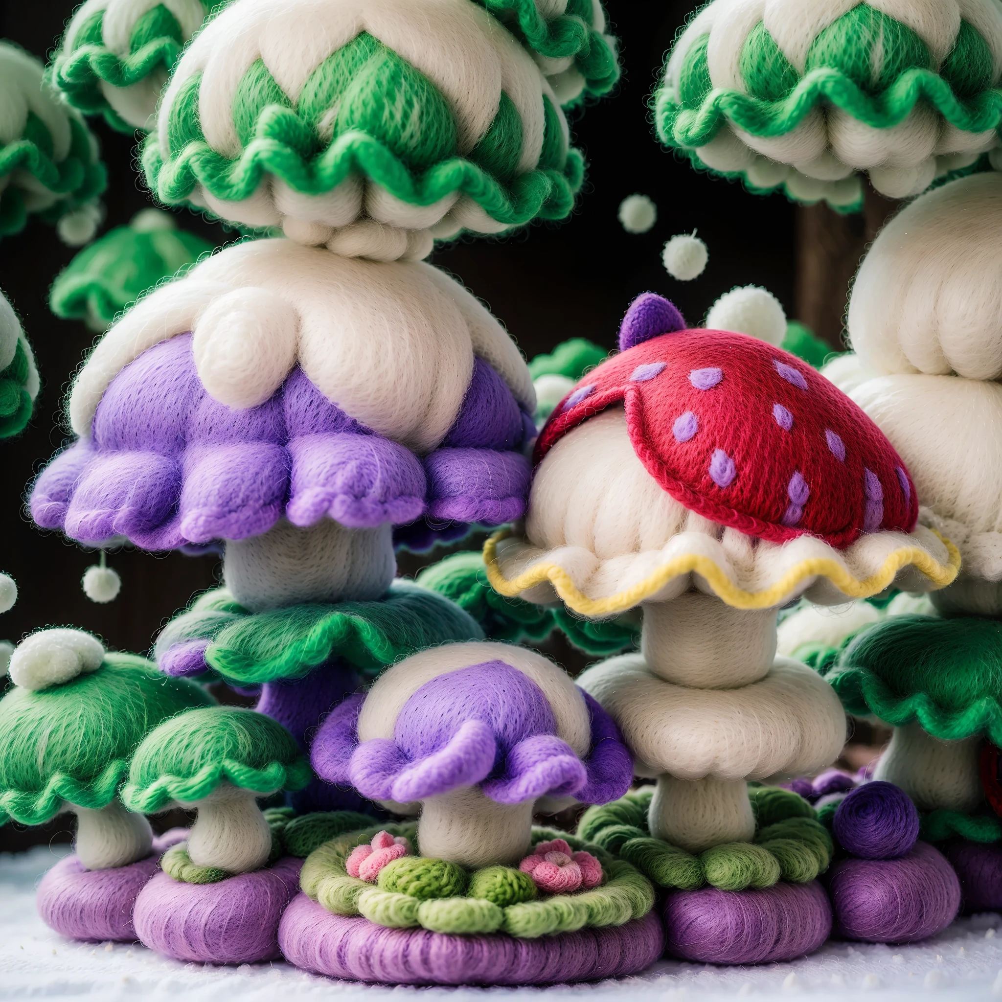 Wool felt animation,Dreamy Wonderland,an enchanted forest,Superb needlework details,Imaginative landscape,Soft touch,Knitted fabric makeover,Subtle lighting effects,A saturated color palette,Hand-dyed wool fibers,Rose garden,Lush greenery, Vibrant mushrooms, fresh flowers，Vibrant colors,The magical world of wool felt.