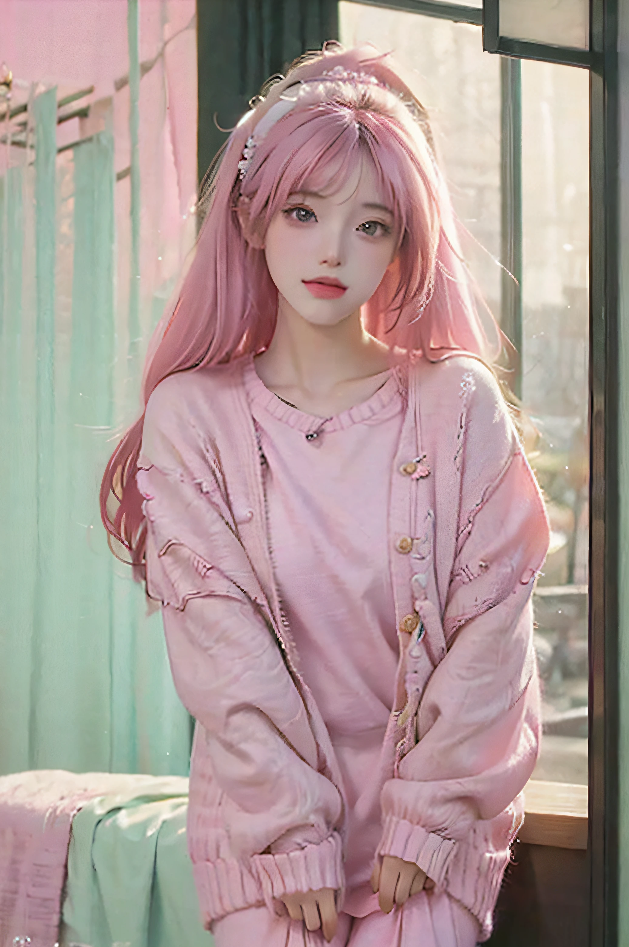 Masterpiece, Best quality, Highly detailed, Ultra-detailed, Professional photography, full bodyesbian,,1girll, (opens his eyes wide), [Sweater skirts], applique, Embroidery,,8K, exposure blend, Medium shot, Bokeh, (hdr:1.4), High contrast, (Cinematic, Pink and white film), (pastel colour, dim colors, soothing tones:1.3), Low saturation, (ultra - detailed:1.2), (Nero:0.4),