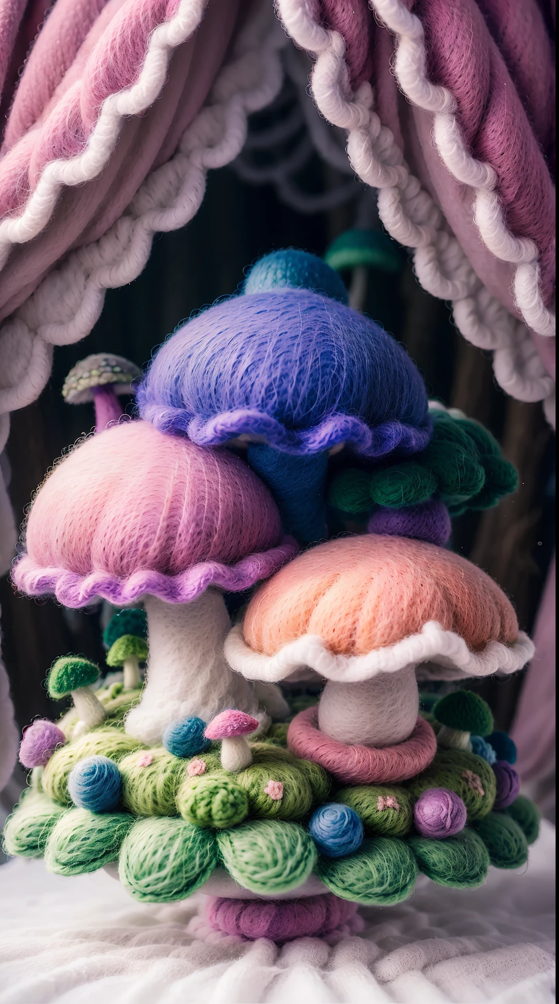 Wool felt animation,Dreamy Wonderland,an enchanted forest,Superb needlework details,Imaginative landscape,Soft touch,Knitted fabric makeover,Subtle lighting effects,A saturated color palette,Hand-dyed wool fibers,Rose garden,Lush greenery, Vibrant mushrooms, fresh flowers，Vibrant colors,The magical world of wool felt.