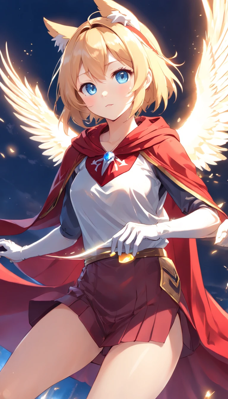 (Full body posing:1.5), (Colorful:1.2), Dynamic Angle, (Highly detailed CG Unity 16k wallpaper:1.1), (Denoising strength: 1.45), (tmasterpiece:1.37), ((Ultra-detailed)), (Detailed light), ((extremely delicate and beautiful)), (Beautiful detailed eyes), (Sunlight), (Angel), Solo, Young girls, Dynamic Angle, floating, Bare_shoulders, up looking_で_viewer, Wings, missiles_ass hole up, Halo, Floating white silk, (Holy Light), Like a silver star exploding、((Cat's ears、Put on a red cloak:1.3))、((Uniforms are printed with "eagles":1.3))、(( no sleeves, Wine Red Baseball Uniforms, Wine Red Baseball Cap:1.2)), ultra-sharp, BREAK, Japan schoolgirl model, 1girl in, (blondehair, Short hair, Bangs), Blue eyes, We absorb the light of day, (Illustration), god rays, spark of light, Glowing light, (((masutepiece))), (((Best Quality)))