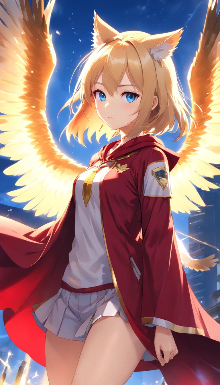 (Full body posing:1.5), (Colorful:1.2), Dynamic Angle, (Highly detailed CG Unity 16k wallpaper:1.1), (Denoising strength: 1.45), (tmasterpiece:1.37), ((Ultra-detailed)), (Detailed light), ((extremely delicate and beautiful)), (Beautiful detailed eyes), (Sunlight), (Angel), Solo, Young girls, Dynamic Angle, floating, Bare_shoulders, up looking_で_viewer, Wings, missiles_ass hole up, Halo, Floating white silk, (Holy Light), Like a silver star exploding、((Cat's ears、Put on a red cloak:1.3))、((Uniforms are printed with "eagles":1.3))、(( no sleeves, Wine Red Baseball Uniforms, Wine Red Baseball Cap:1.2)), ultra-sharp, BREAK, Japan schoolgirl model, 1girl in, (blondehair, Short hair, Bangs), Blue eyes, We absorb the light of day, (Illustration), god rays, spark of light, Glowing light, (((masutepiece))), (((Best Quality)))