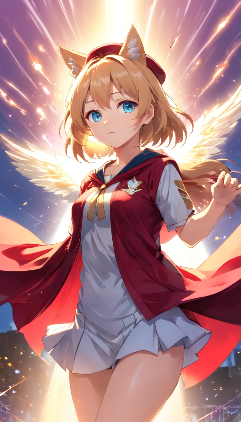(Full body posing:1.5), (Colorful:1.2), Dynamic Angle, (Highly detailed CG Unity 16k wallpaper:1.1), (Denoising strength: 1.45), (tmasterpiece:1.37), ((Ultra-detailed)), (Detailed light), ((extremely delicate and beautiful)), (Beautiful detailed eyes), (Sunlight), (Angel), Solo, Young girls, Dynamic Angle, floating, Bare_shoulders, up looking_で_viewer, Wings, missiles_ass hole up, Halo, Floating white silk, (Holy Light), Like a silver star exploding、((Cat's ears、Put on a red cloak:1.3))、((Uniforms are printed with "eagles":1.3))、(( no sleeves, Wine Red Baseball Uniforms, Wine Red Baseball Cap:1.2)), ultra-sharp, BREAK, Japan girl model, 1girl in, (blondehair, Short hair, Bangs), Blue eyes, We absorb the light of day, (Illustration), god rays, spark of light, Glowing light, (((masutepiece))), (((Best Quality)))