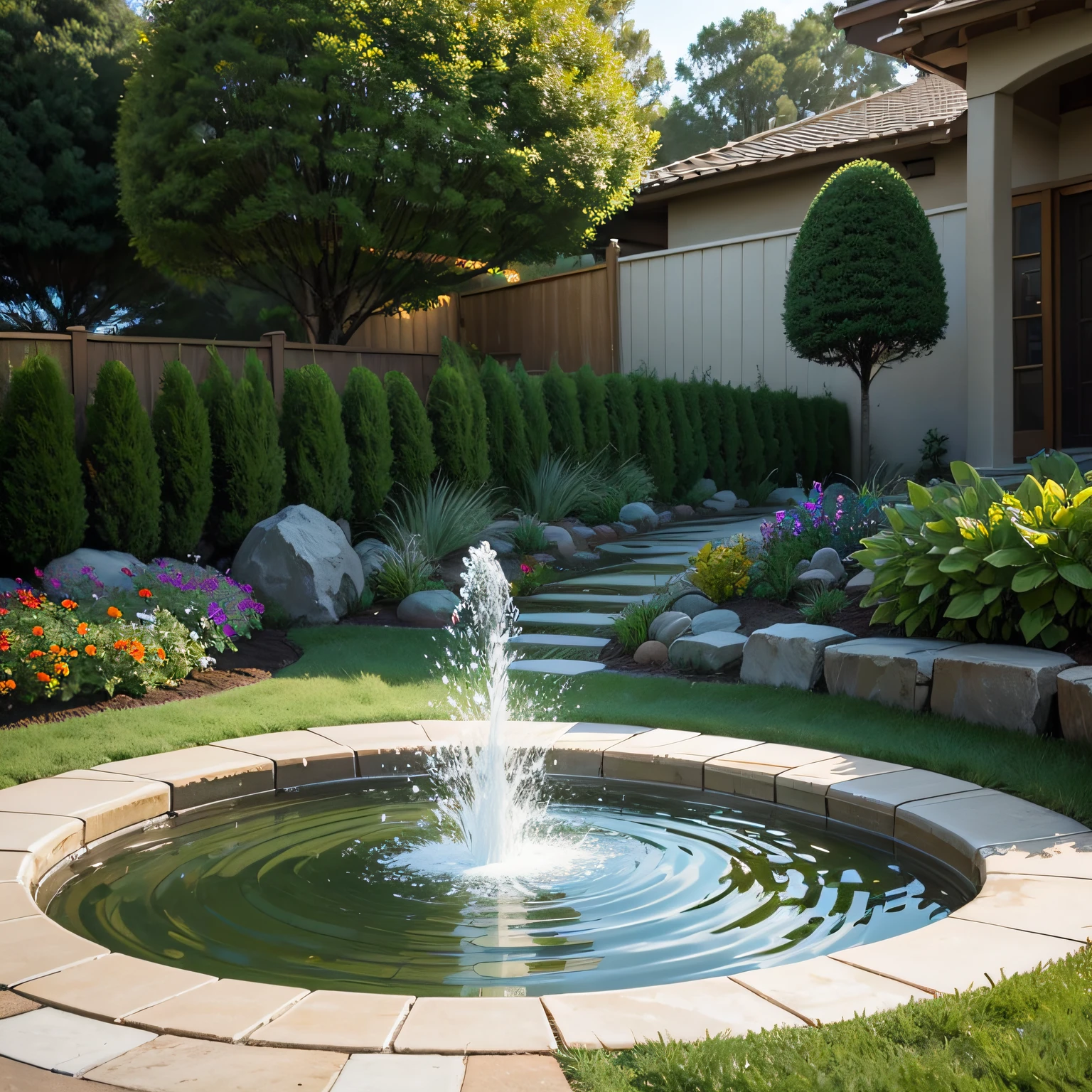 maintenance no grass front yard with Water Feature