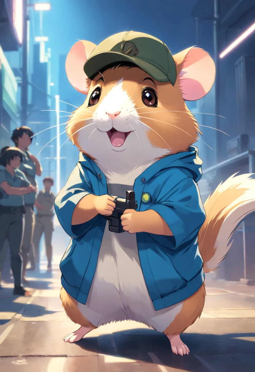 cheerful hamster dressed as Rambo