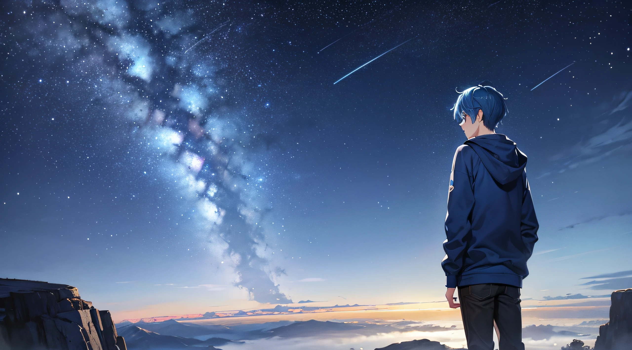 (masterpiece, best quality) 1boy, blue hair, blue hoodie, pants, behind view, on top of a mountain, night, stars, shooting stars, beautiful landscape