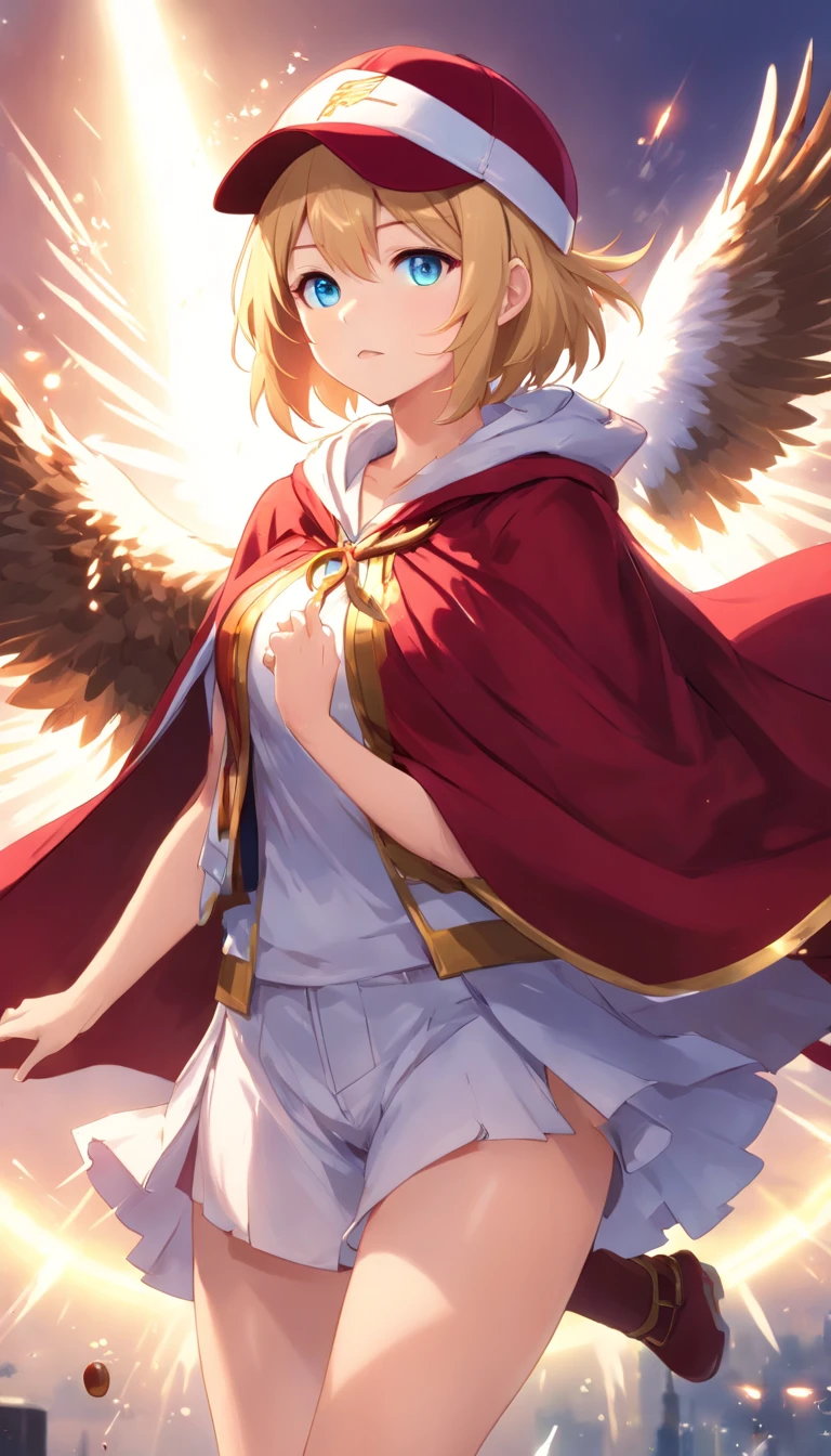 (Full body posing:1.5), (Colorful:1.2), Dynamic Angle, (Highly detailed CG Unity 16K wallpaper:1.1), (Denoising strength: 1.45), (tmasterpiece:1.37), ((Ultra-detailed)), (Detailed light), ((extremely delicate and beautiful)), (Beautiful detailed eyes), (Sunlight), (Angel), Solo, Young girls, Dynamic Angle, floating, Bare_shoulders, up looking_で_viewer, Wings, missiles_ ass hole up, Halo, Floating white silk, (Holy Light), Like a silver star exploding、((Cat's ears、Wear a red cloak:1.3))、((Uniforms are printed with "eagles":1.3))、(( no sleeves, Wine Red Baseball Uniforms, Wine Red Baseball Cap:1.2)), ultra-sharp, BREAK, Japan girl model, 1girl in, (blondehair, Short hair, Bangs), Blue eyes, Absorb the light of day, (Illustration), god rays, spark of light, Glowing light, (((masutepiece))), (((Best Quality)))