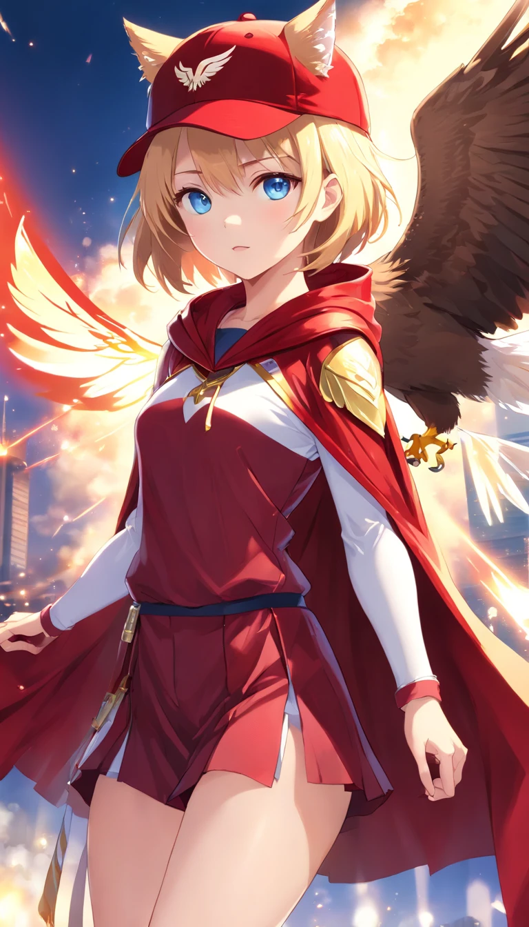 (Full body posing:1.5), (Colorful:1.2), Dynamic Angle, (Highly detailed CG Unity 16K wallpaper:1.1), (Denoising strength: 1.45), (tmasterpiece:1.37), ((Ultra-detailed)), (Detailed light), ((extremely delicate and beautiful)), (Beautiful detailed eyes), (Sunlight), (Angel), Solo, Young girls, Dynamic Angle, floating, Bare_shoulders, up looking_で_viewer, Wings, missiles_ ass hole up, Halo, Floating white silk, (Holy Light), Like a silver star exploding、((Cat's ears、Wear a red cloak:1.3))、((Uniforms are printed with "eagles":1.3))、(( no sleeves, Wine Red Baseball Uniforms, Wine Red Baseball Cap:1.2)), ultra-sharp, BREAK, Japan schoolgirl model, 1girl in, (blondehair, Short hair, Bangs), Blue eyes, Absorb the light of day, (Illustration), god rays, spark of light, Glowing light, (((masutepiece))), (((Best Quality)))