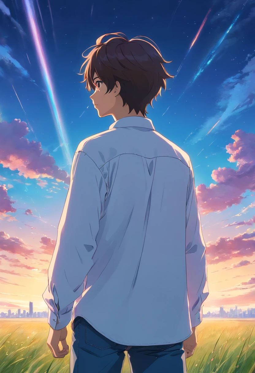 Vast sky, Beautiful skyline, large grasslands, extremely tense and dramatic pictures, moving visual effects, High Polaris, Colorful natural glare. Rear view of a man in a long-sleeved white shirt and denim