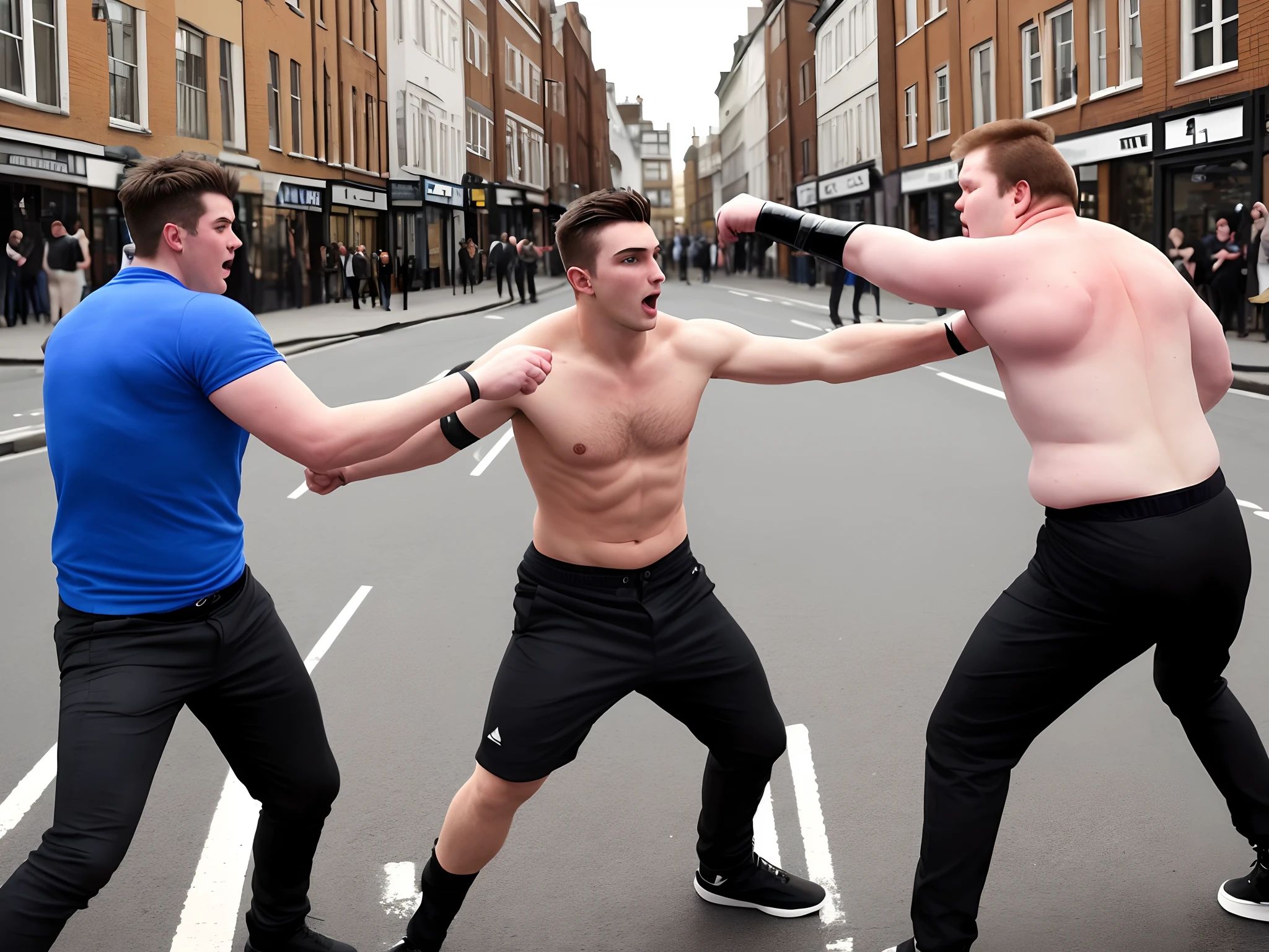 A young British man fighting a fat American man in the middle of the street