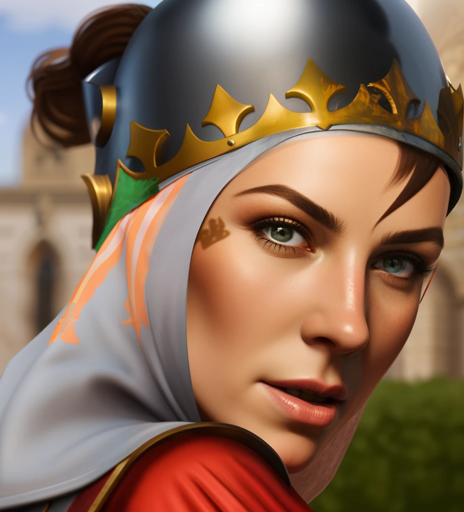 masterpiece, high quality, detailed photo, 8k, 4k, (1woman), detailed head, detailed face, ultra-sharp focus, detailed eyes, detailed hair, (detailed head accessories), [detailed cloth|detailed armor|knight light armor:1], (head helmet and trunk), (brown hair), a close up of a person wearing a helmet and a red shirt, portrait knight female, heroes of might and magic, king's quest, joan of arc, baldur's gate character portrait, medieval, age of empires ii, heroes of might and magic 3, sqare-jawed in medieval clothing, ultra high pixel detail, medieval era, age of empires 2