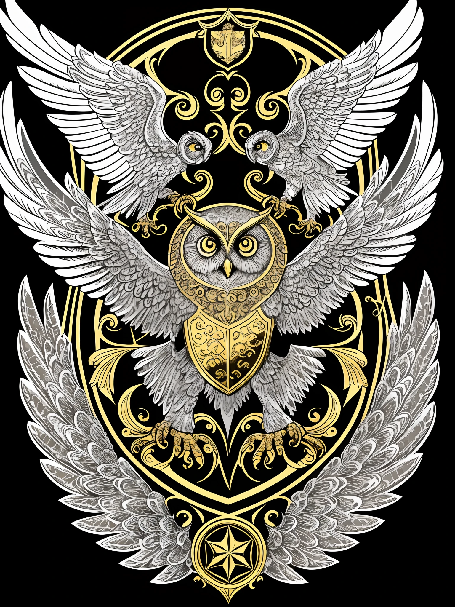 Golden image of an owl with wings and a shield, Golden black vector art, highly detailed Vector art, Clean detail art, high detailed official artwork, very detailed illustration, Symmetrical and intricate details, highly detailed dark art, Gold Black Very Detailed, Highly detailed design, with wings. Ultra-detailed, Highly detailed design, shield design