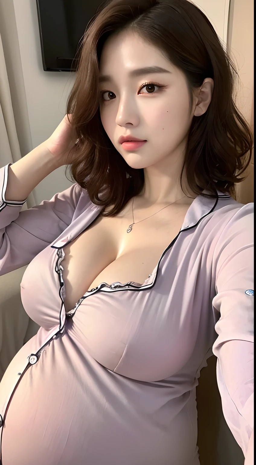 (Best Quality, 8k, 32k, Masterpiece, UHD:1.3), (kpop idol:1.3), 1 Girl, (Big Boobs:1.2), (huge pregnant:1.2), (short wavy hair), Abs, Perfect Body, Ultra Detailed Face, Detailed Lips, Fine Eyes, double eyelids, (pajamas), on the bed