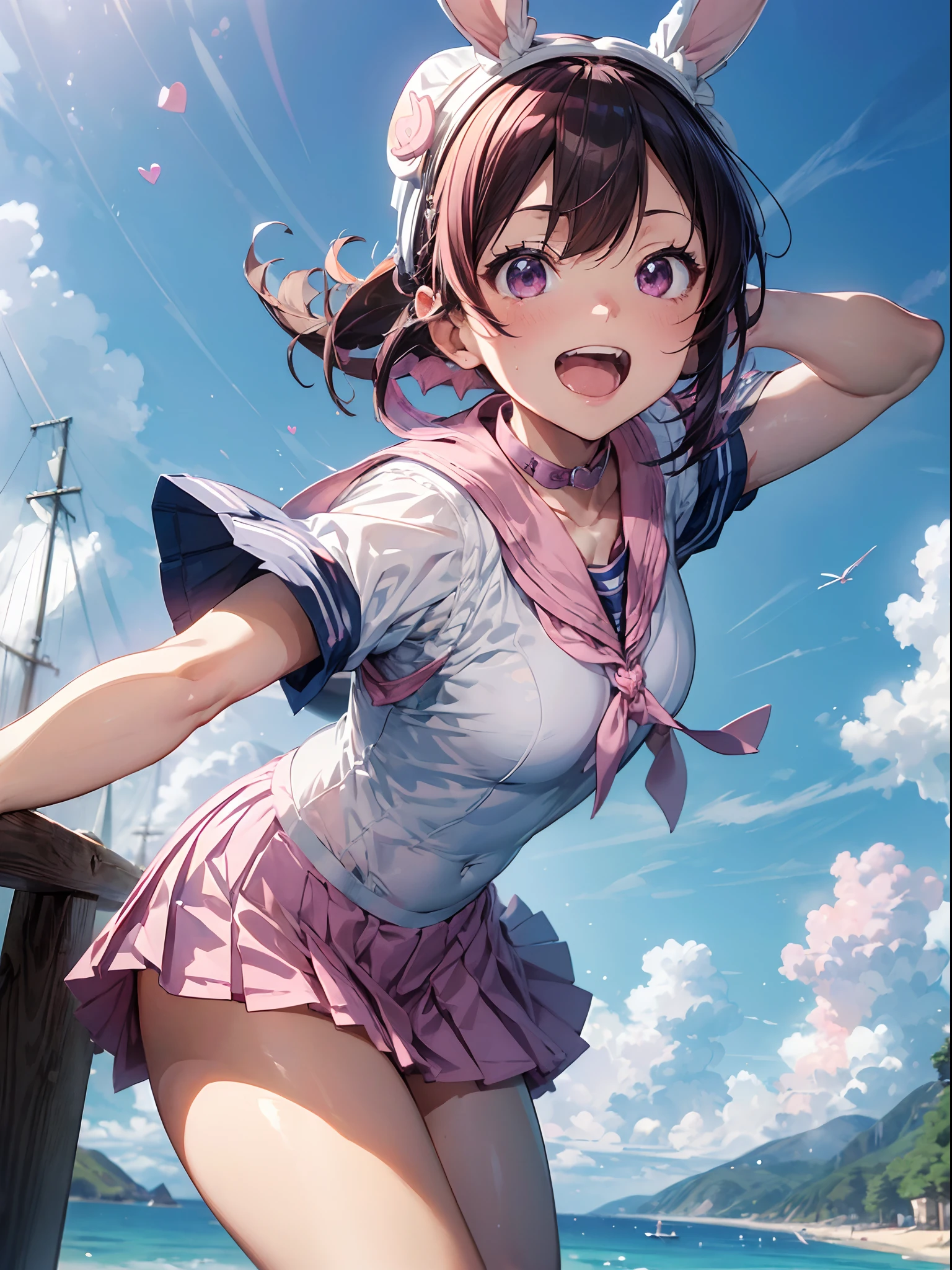 absurderes,(​masterpiece、top-quality、8K ),intricate detailes,ultra-detailliert、hyper realistic,perfect anatomy ,1 girl,((a sailor suit、Pink collar、Ultra short pink pleated skirt:1.4)),(Pink rabbit ears:1.3),(Laughing,Open mouth:1.2),From below,pretty pose,Dynamic Angle,(Spoken Heart:1.2),Happy background, absurderes, (masutepiece, Best Quality, 8k:1.2),Professional Lighting,perfect 5 fingers,amazing,super fine illustration