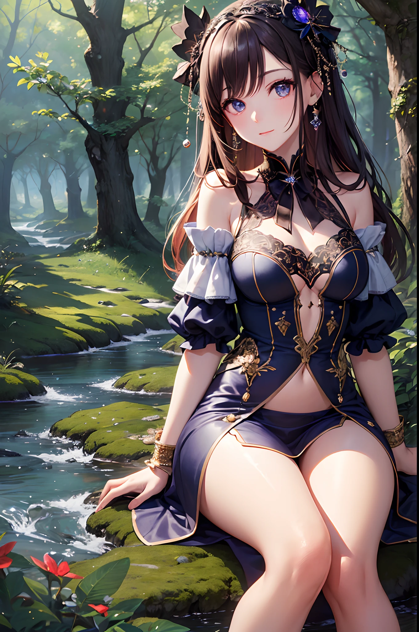 (masterpiece),best quality,depth of field, intricate glass spheres are dangling-like-ornament on trees,1girl,looking at viewer,((She's Elegantly sitting ))(red medium length Hair), Purple Clear Eyes,((Beautiful, detailed body))head to toe portrait:1.3))((, She's sitting on a rock in a highly detailed magical forest with river)) detailed sharp sparkly blue eyes!! Luminous lighting. 4K, pixiv.