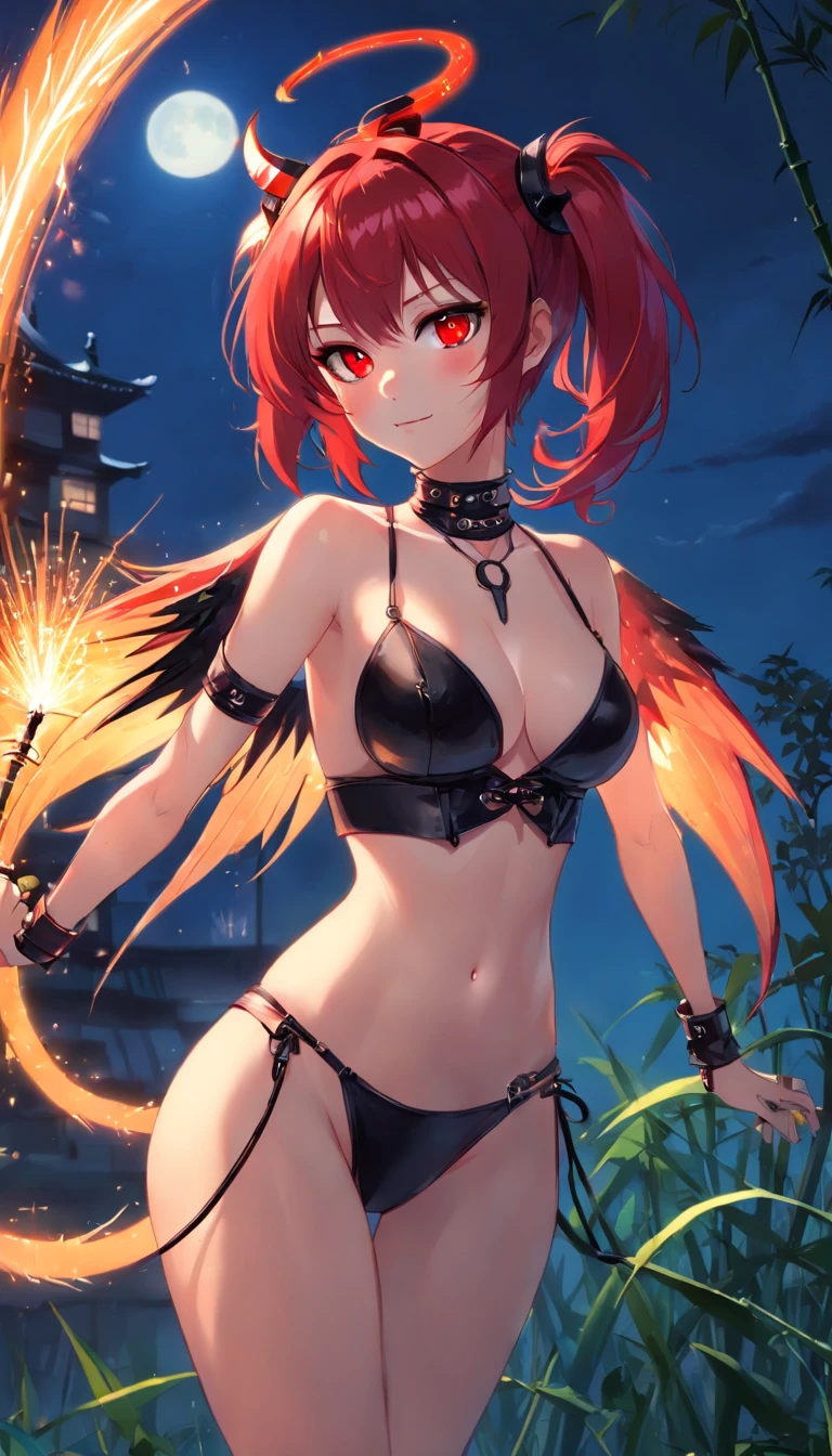 (Full body posing:1.5), (Colorful:1.2), Dynamic Angle, (Highly detailed CG Unity 16k wallpaper:1.1), (Denoising strength: 1.45), (tmasterpiece:1.37), {{masutepiece}}, flat chest best quality}, {hight resolution}, Solo, Flat_Chest, Girl in church surrounded by red pupils {many} blazing {Feathers} With a cold face, Detailed face, Bright colorful light night with cloudy moon in rich layered clouds and detailed sky, {A lot of glowing particles}, ((Red-haired, shorttwintail, Black Wings of the Little Devil, Succubus, Cute face, Detailed face,Red Eyes,Red short twin tails, Piercing,Hand holding a whip,Detailed black bikini, Intimidating corset choker,Little Devil's Tail:1.3)),Wearing a jacket, Robot Girl, Cool movement, Sliver Bodysuit, {Filigree}, Delicate e (Convoluted) hair, ((bamboo grass)) And (Broken) Body, blue streaked hair, Full body, sitting on the {Brewster}, depth of fields, god rays, spark of light, Glowing light
