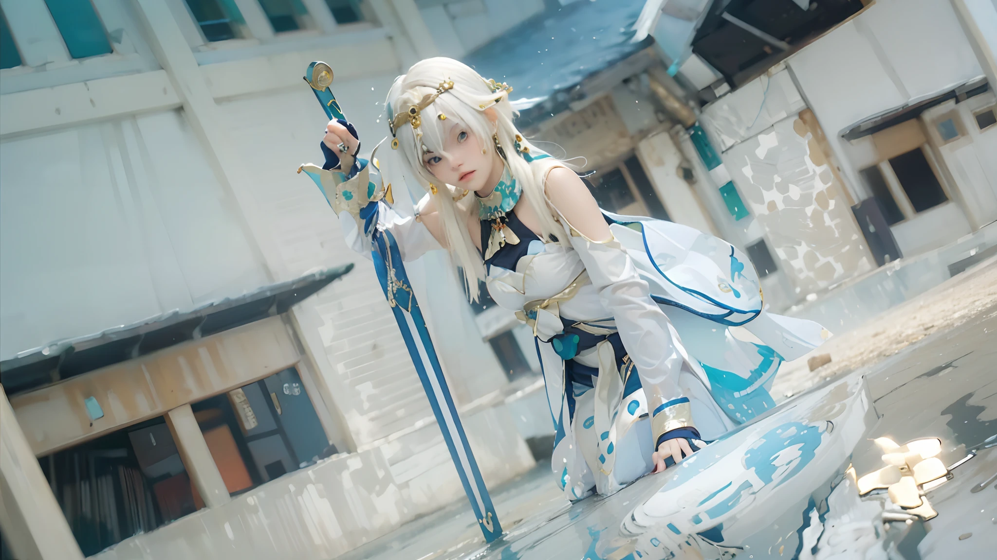 ((Lumine_genshin)),((realistic, photorealistic)),((white skin)), yellow hair, bangs,(white tops), (( hair ornament)), jewelry, navel, detached sleeves,((upper body)), (((best quality, masterpiece))), looking down, outdoor,puddle