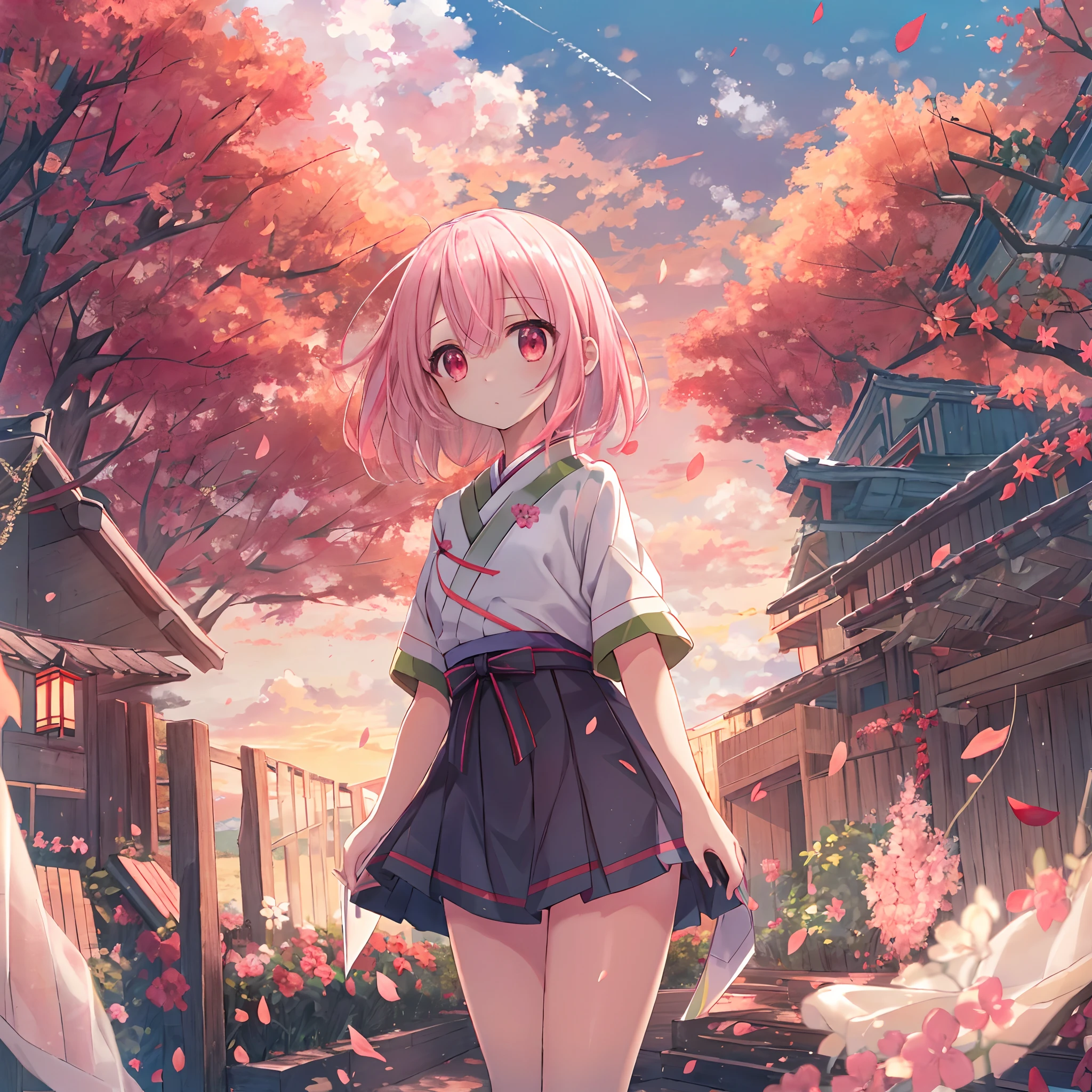 absurderes, hight resolution, (Anime style:1.1), ((masutepiece)), ((Best Quality)), (Ultra-detailed), (Beautiful), 独奏, Beautiful face、(liftup)、Cute little girl standing on beautiful delicate countryside sunset background、Beautiful endless sky,Wind,Glowing pale pink hair、 Fine red eyes,Ephemeral,,Looking at Viewer,Dramatic,、(full body Esbian)、14years、low angles、a miniskirt、Cute Kimono Figure、Detailed beautiful sunset on background、contrail、(Shoku:1.3)、Colored leaves、Colored leaves、profile