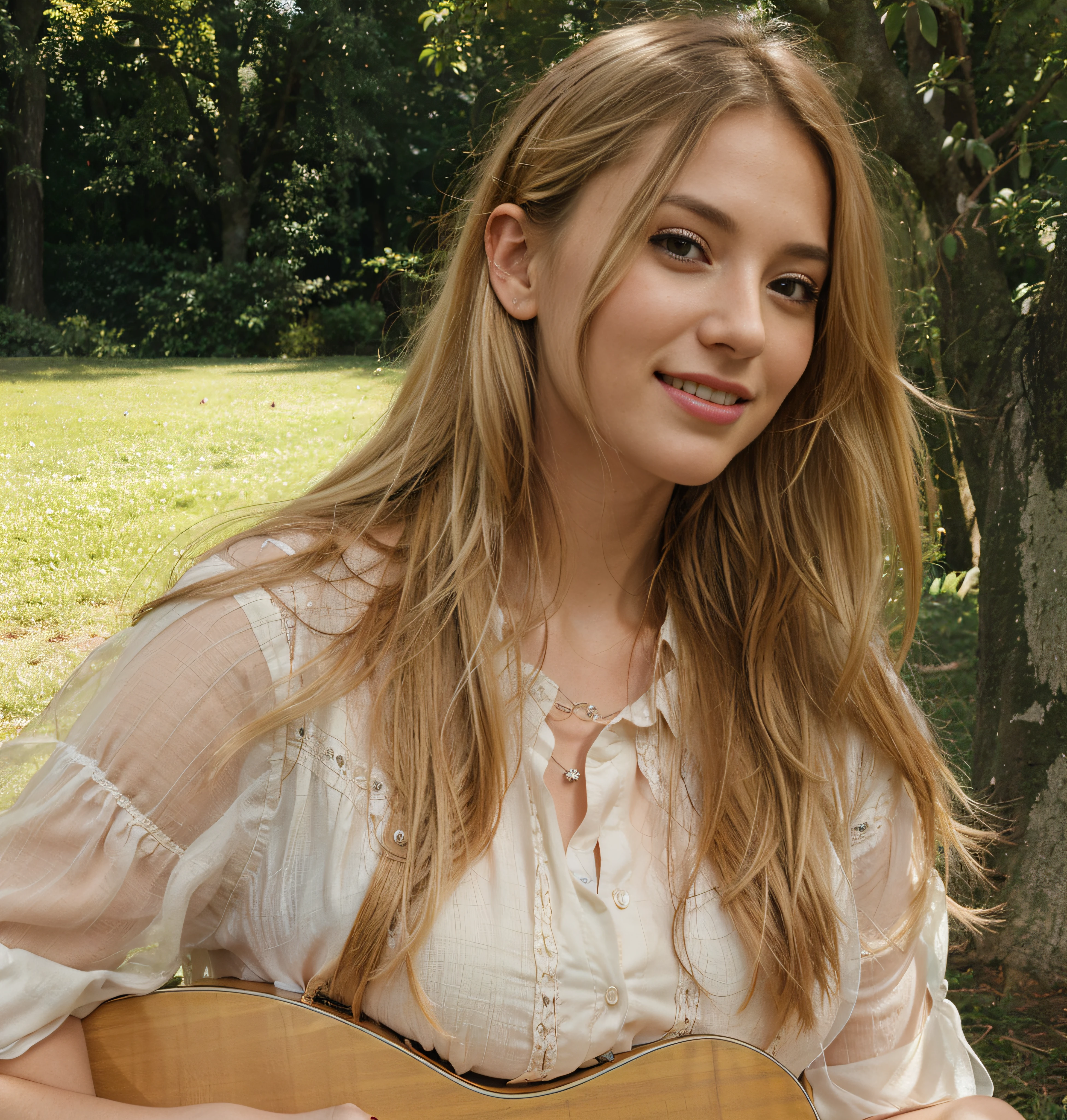blonde woman with guitar in park setting with trees and grass, dressed beautiful woman, portrait, silk shirt, draped in transparent cloth, no bra, tyndall effect, photo realistic, rim lighting, two tone lighting, (high detailed skin:1.2), 8k uhd, dslr, soft lighting, high quality, volumetric lighting, candid, Photograph, high resolution, 4k, 8k, absurdres, knowing smile, she looks at the camera like she's in love with the photographer