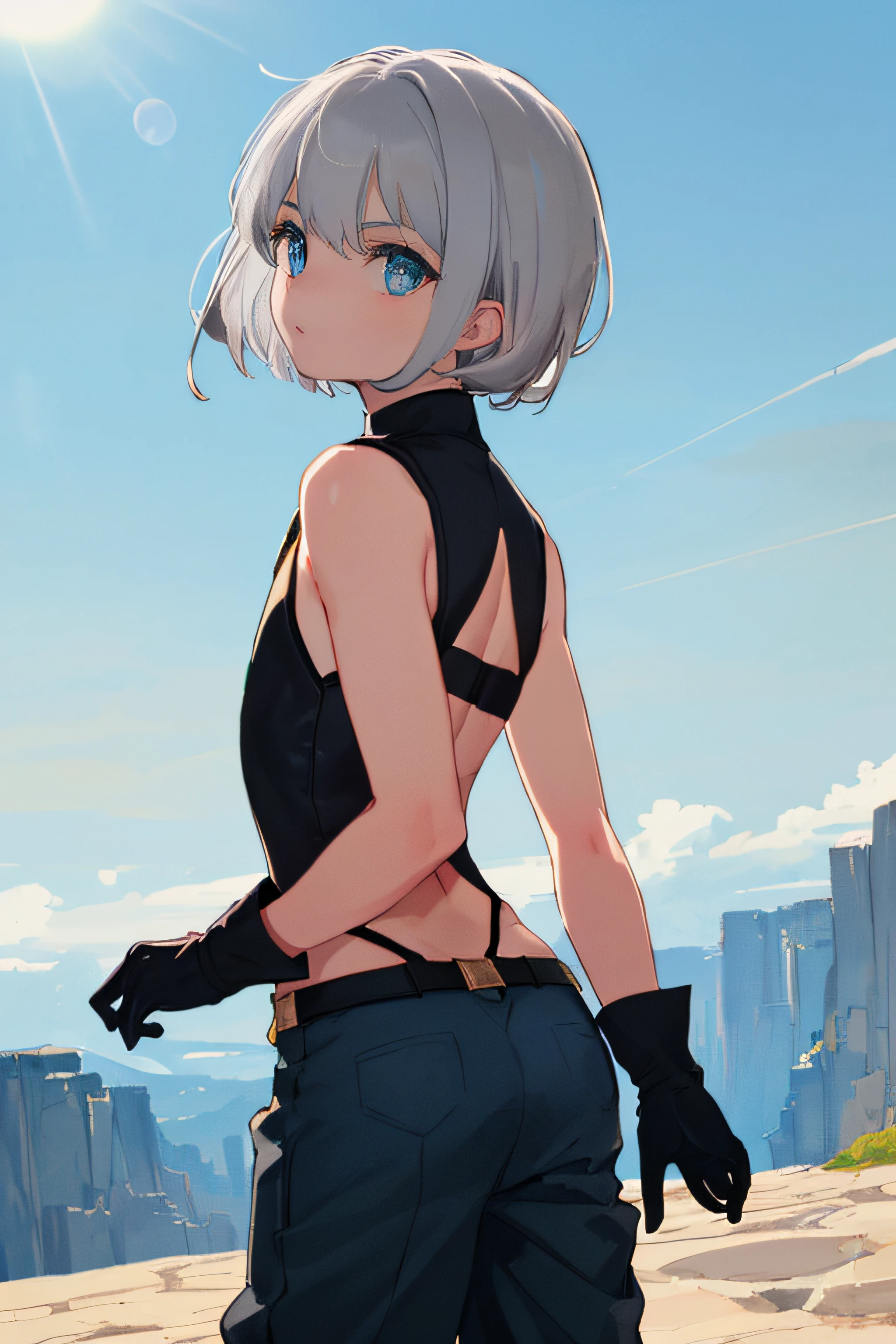 ((beautiful boy)),((wearing tabard)),((pants)),((black gloves)),(sommelier),(narrow beautiful eyes),(pretty face),(cool face),(all back gray hair), ((short hair)),(blue eyes),(outdoors),(sunny plateau),(masterpiece),(very delicate and beautiful),(boyish),(center view),(facing forward),(arms back),(flat chest),((tall)).