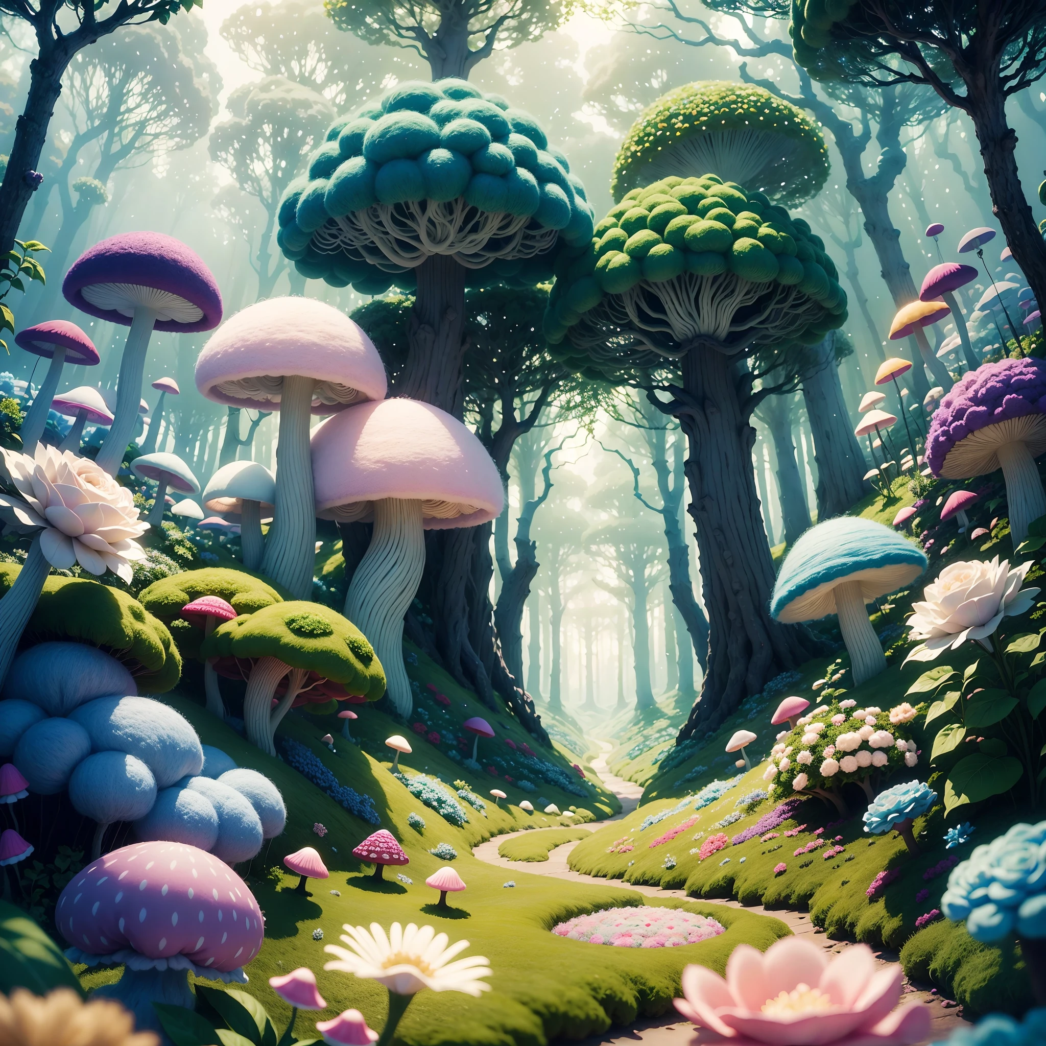 Wool felt animation,Dreamy Wonderland,an enchanted forest,Superb needlework details,Imaginative landscape,Soft touch,Knitted fabric makeover,Subtle lighting effects,A saturated color palette,Hand-dyed wool fibers,Rose garden,Lush greenery, Vibrant mushrooms, fresh flowers,Vibrant colors,The magical world of wool felt.