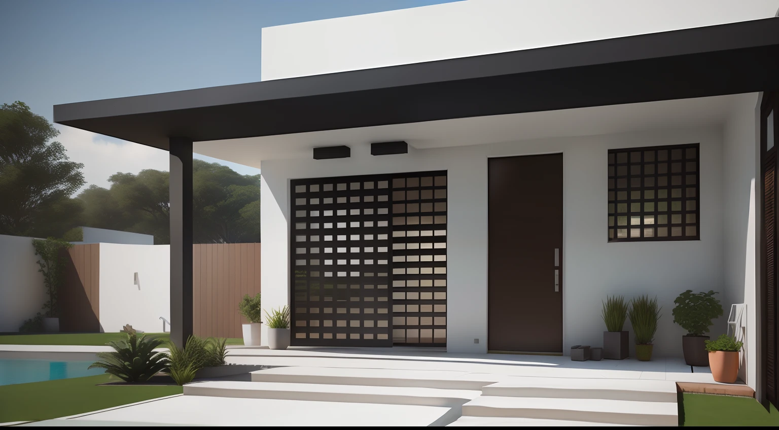 There's a white house with a brown door and a swimming pool, lumion rendering, photoreal octane rendering, lumion rendering, renderizado no lumion pro, conceitual, architectural visualisation, contemporary design, renderizar no vray, Archviz, renderizado em lumion, finalrender, detailed archviz render, renderizado em povray, renderizado em vray
