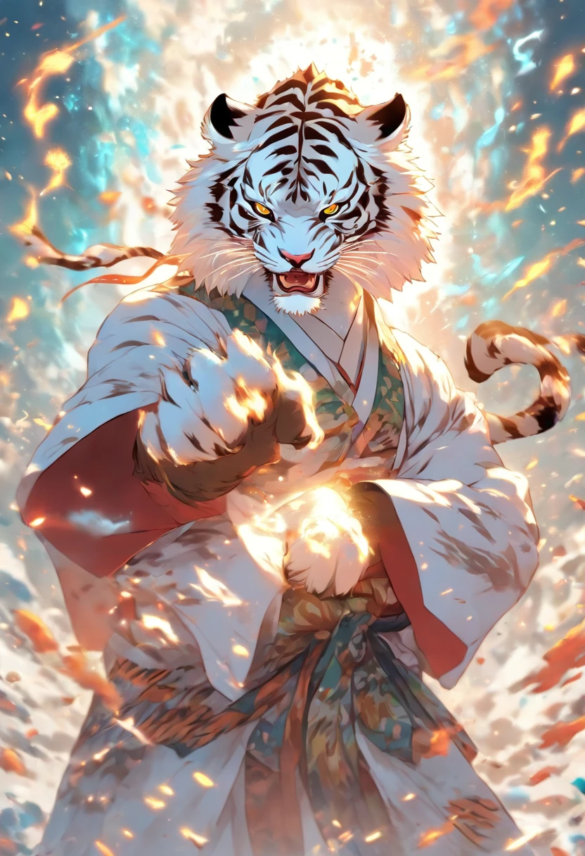 ((White kimono)),((White Tiger Beastman)), in a fighting stance, to stand, without background