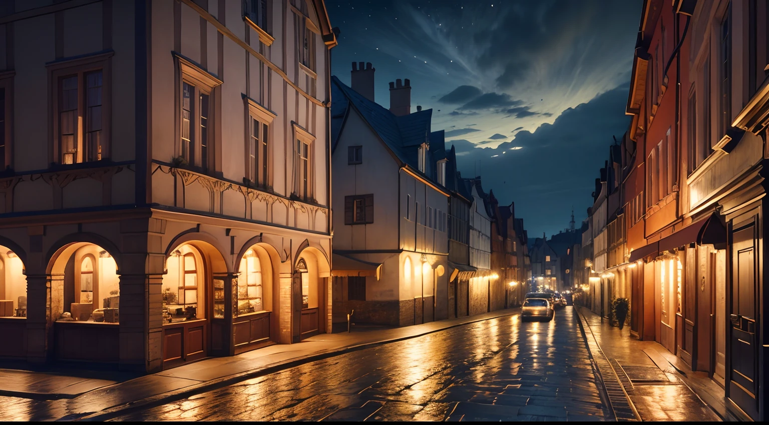 View of a typical European street, ((Nighttime cityscape)), Classic Supports, ((night time)), ((Sateen)), Wet Street, ((Ancient European Buildings)), Realistic, realistic shadows, Realistic lighting, Full HD, 8K, Photorealistic