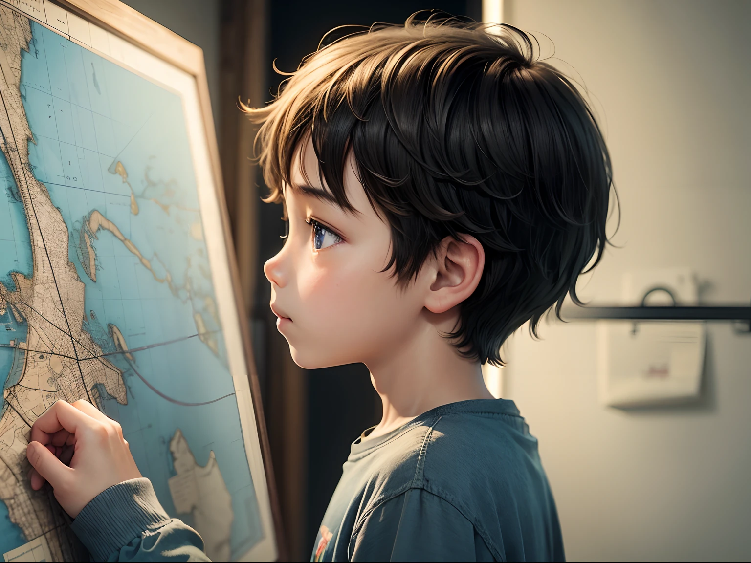 A boy looking at a secret map with a twinkle in his eye、profile