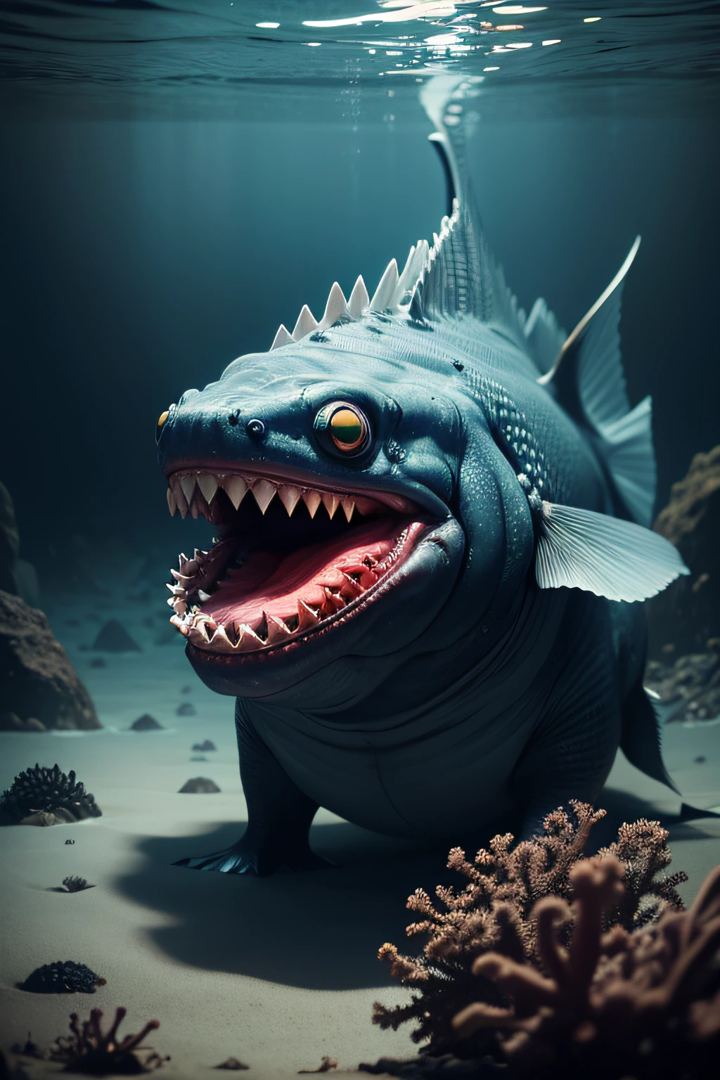 Mutated anglerfish in the ocean due to nuclear pollution, grotesque mutations, photorealistic style, captured with a Nikon D850 and a 50mm prime lens, dramatic lighting, underwater environment, eerie and unnatural colors