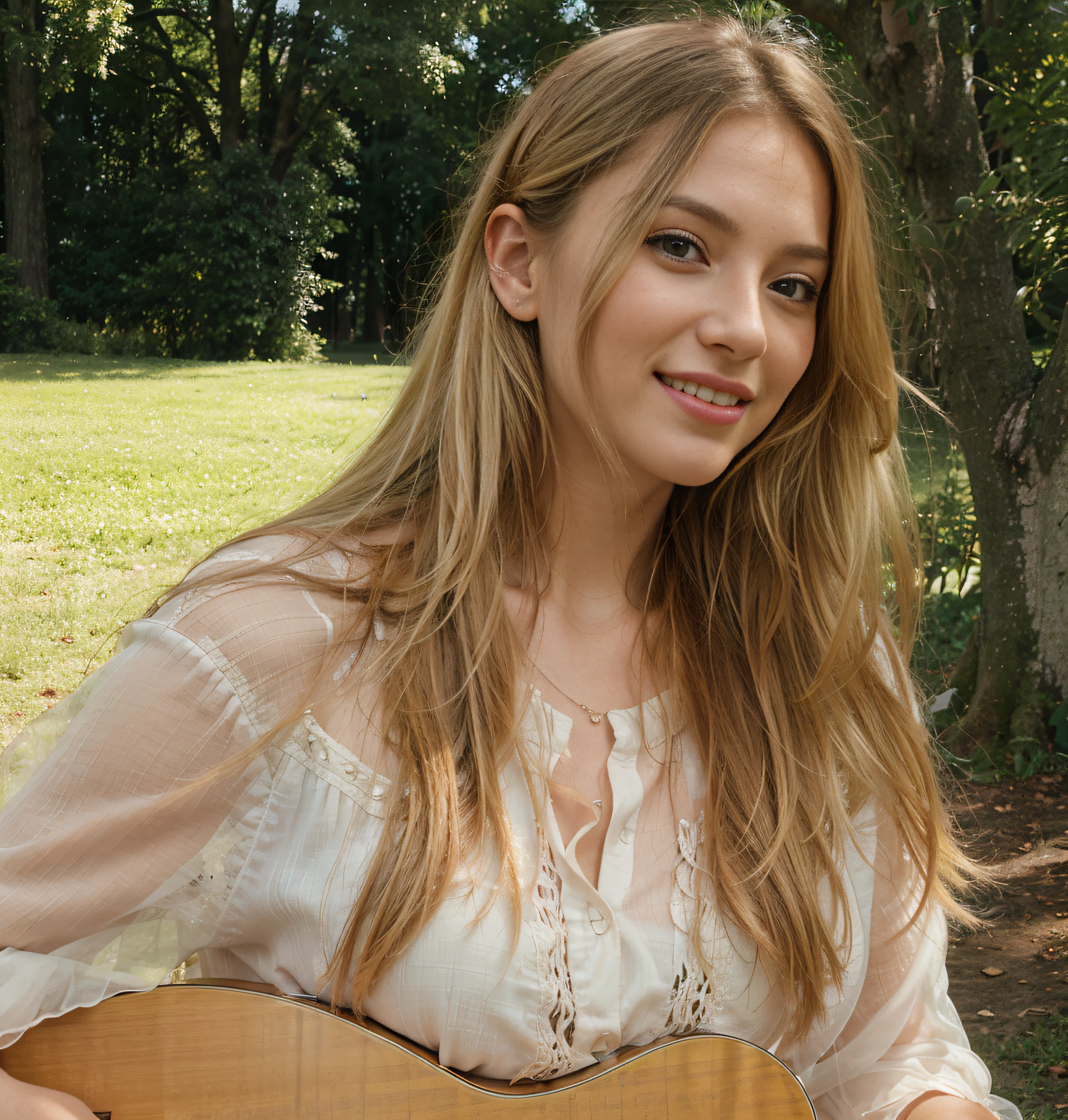 blonde woman with guitar in park setting with trees and grass, dressed beautiful woman, portrait, silk shirt, draped in completely transparent cloth, no bra, tyndall effect, photo realistic, rim lighting, two tone lighting, (high detailed skin:1.2), 8k uhd, dslr, soft lighting, high quality, volumetric lighting, candid, Photograph, high resolution, 4k, 8k, absurdres, knowing smile, she looks at the camera like she's in love with the photographer