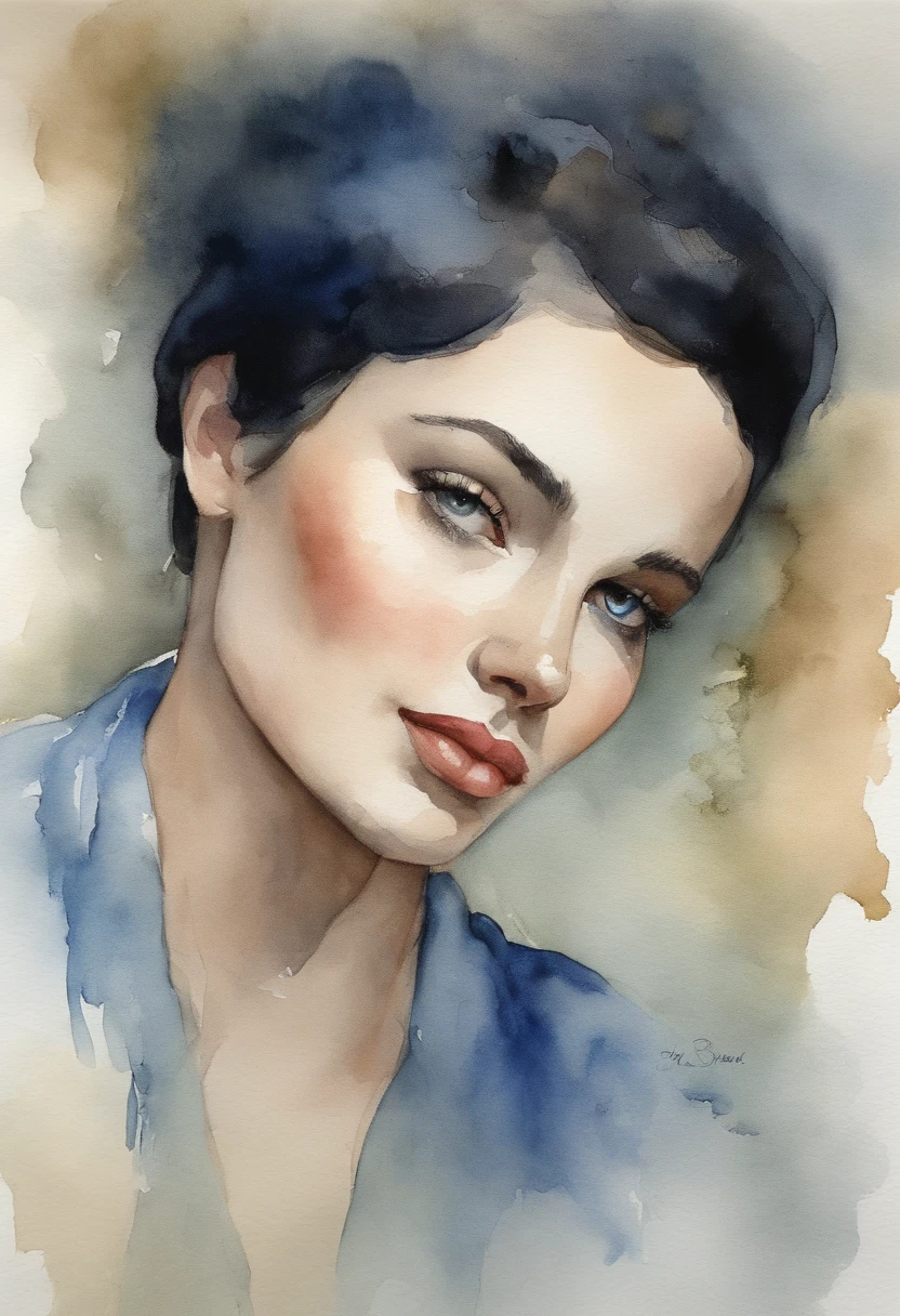 Young girl with short black hair and blue iris, Stacia Burlington style, watercolor, soft color, Serene face, close-up, Vintage images