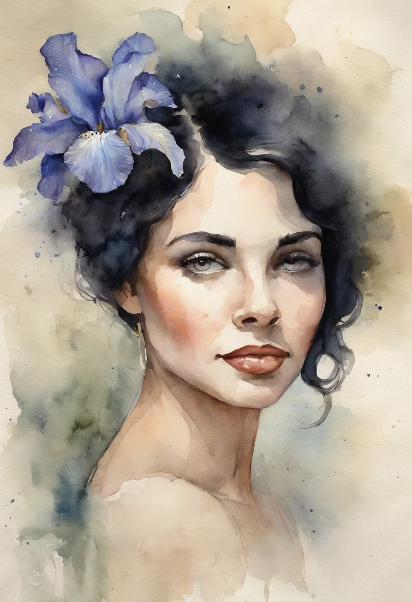 Young girl with short black hair and blue iris, Stacia Burlington style, watercolor, soft color, Serene face, close-up, Vintage images