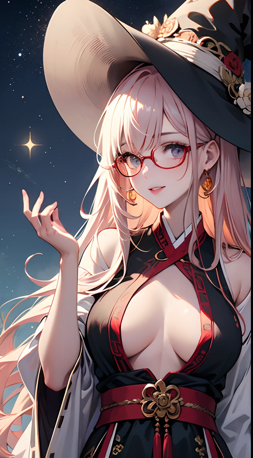 artwork, best illustrative, masterpiece, hd, ultra hd, 8k ultra hd cg artwork , high resolution, 1women, solo, hips up, look at viewer, (detailed face), red hair, long hair, Taoist robe,oversized clothes, jewelry, midjourney portrait, night background, expert shading, witch, witch hat, megane, eyeglasses, large breasts, white skin, spookie background, eerie background, sparkling background, sparkling eyes, alluring face, lovely face, cute smile, moon, stars, magical, witch dress, multicolored hair, shining hair, shiny, girl with eyeglasses, eye wear, upper body view, focus, detailed eyes, perfect hands, perfect arms, hanfu, girl wearing hanfu, embarrassed, fixing eyeglasses, hand on eyeglasses, detailed background