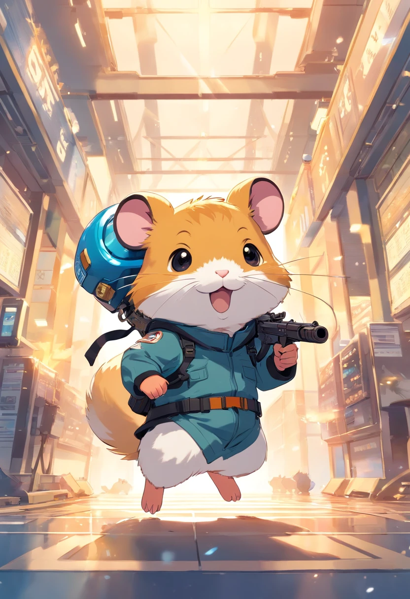 Jolly Hamster, Hung with weapons, Helmet on his head, trades on the stock exchange