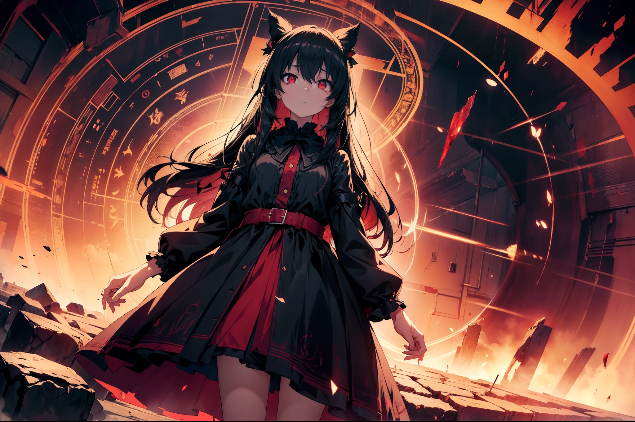 1 loli girl ,((standing on Magic circle)) ,full body ,(Faintly emerge from the darkness), blood wet body, blood tears ,character focus,(((Expressionless))) , ((???? eyes)) ,black hair, long hair, ribbon , black dress, red eyes, glowing eyes , Lens Flare ,background darkness, horror, fantasy, Cruel , high resolution,(incredibly absurdres), (hires.fix:1.3),anime visual,ultra detailed CG unity 8k wallpaper, ((masterpiece)), ((top-quality)), (beautiful illustration), ((an extremely delicate and beautiful))