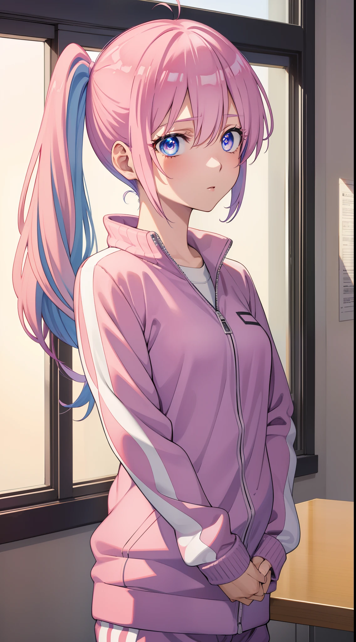 Miyakoshiki, Shikimori Miyako, Long hair, Blue eyes, hair between eye, Pink hair,
Break long sleeves, Jacket, White shirt, Side ponytail, blue jacket, tracktop jacket, track suit,
BREAK looking at viewer,
Break indoors, Classroom,
Break (Masterpiece:1.2), Best quality, high resolution, Unity 8k wallpaper, (illustration:0.8), (Beautiful detailed eyes:1.6), Extremely detailed face, Perfect lighting, Extremely detailed CG, (Perfect hands, Perfect anatomy),