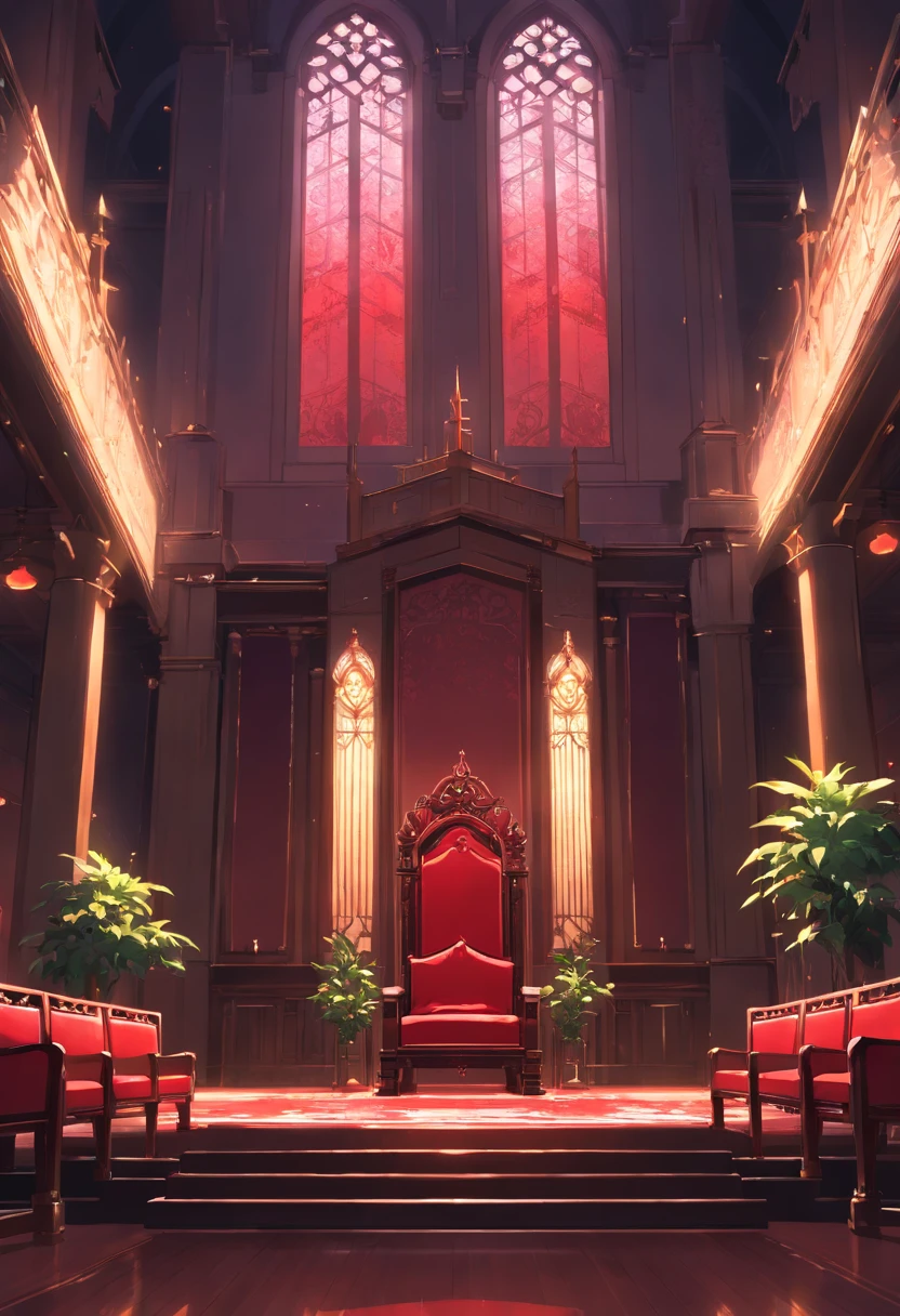 royal hall, one throne, thorn plants, dark light, empty room, gloomy composition, black and red throne.
