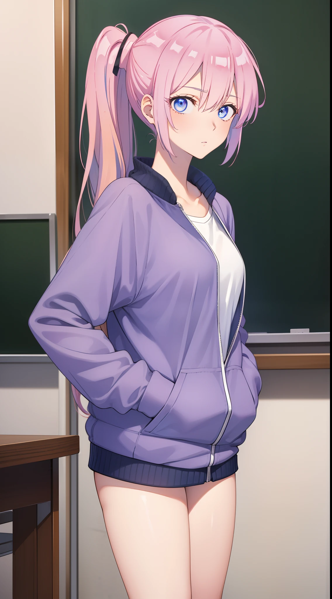 Miyakoshiki, Shikimori Miyako, Long hair, Blue eyes, hair between eye, Pink hair,
Break long sleeves, Jacket, White shirt, Side ponytail, blue jacket, tracktop jacket, track suit,
BREAK looking at viewer,
Break indoors, Classroom,
Break (Masterpiece:1.2), Best quality, high resolution, Unity 8k wallpaper, (illustration:0.8), (Beautiful detailed eyes:1.6), Extremely detailed face, Perfect lighting, Extremely detailed CG, (Perfect hands, Perfect ???????),