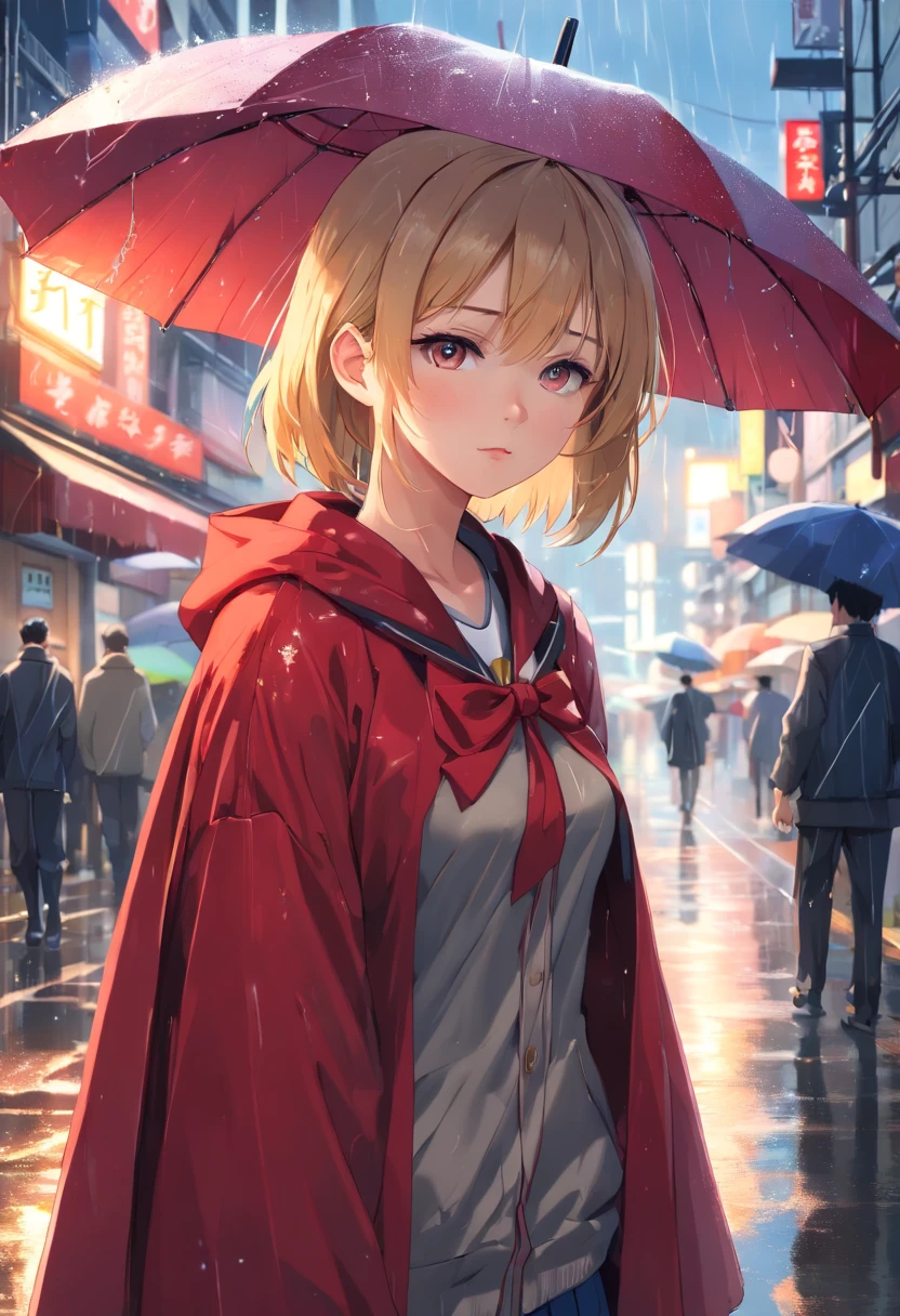 (Highly detailed CG Unity 16k wallpaper:1.1), (Denoising strength: 1.45), (tmasterpiece:1.37), (Kowloon Walled City), (((Extremely detailed))), ((Ultra-detailed)), flowing, utility pole, Solo, ((Cat's ears、Put on a red cloak:1.3))、((Uniforms are printed with "eagles":1.3))、(( no sleeves, Wine Red Baseball Uniforms, Wine Red Baseball Cap:1.2)), ultra-sharp, BREAK, Japan schoolgirl model, 1girl in, (blondehair, Short hair, Bangs), Blue eyes,, Vunematic lighting, vests, (Delicate face)(Rain), (Girl with umbrella), grey sky, lonely, (city), Beautiful detailed eyes, Detailed wet clothes, blank stare, Dynamic Angle, umbrellas, deadpan, Wet, backstreet, swirls, ((Illustration)), god rays, spark of light, Glowing light, ((masutepiece)), (((Best Quality)))