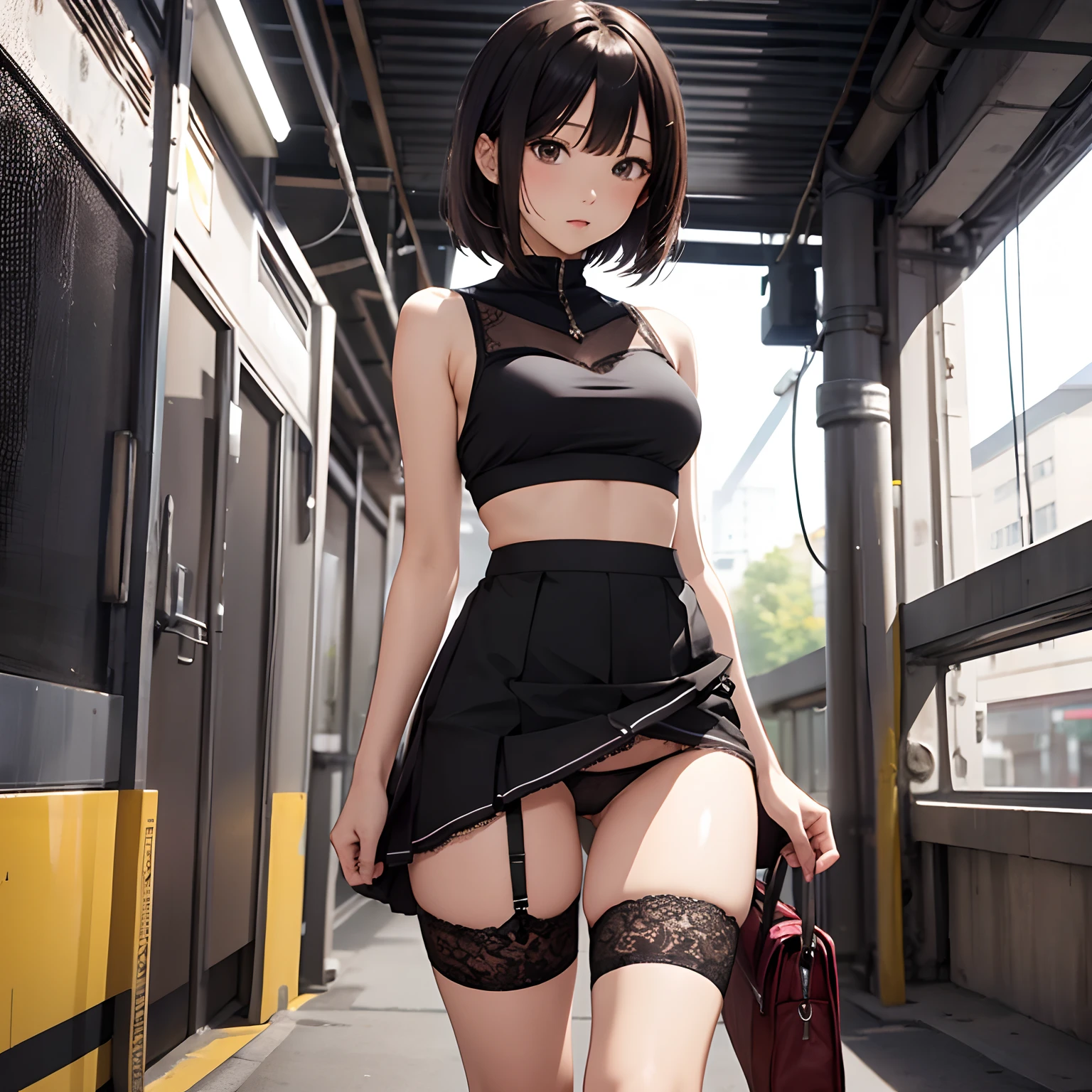 solo, finest image, miniskirt flips up and you can see the lace sexy thong panties, sleeveless white tight knit, Asian beauty cute woman 18 years old, light brown iridescent hair, messy short hair, amorous expression, lewd expression, ecstasy, orgasm, medium breasts, slender, perfect proportion, long thin legs, black knee high socks, thighs, background in town, professional lighting