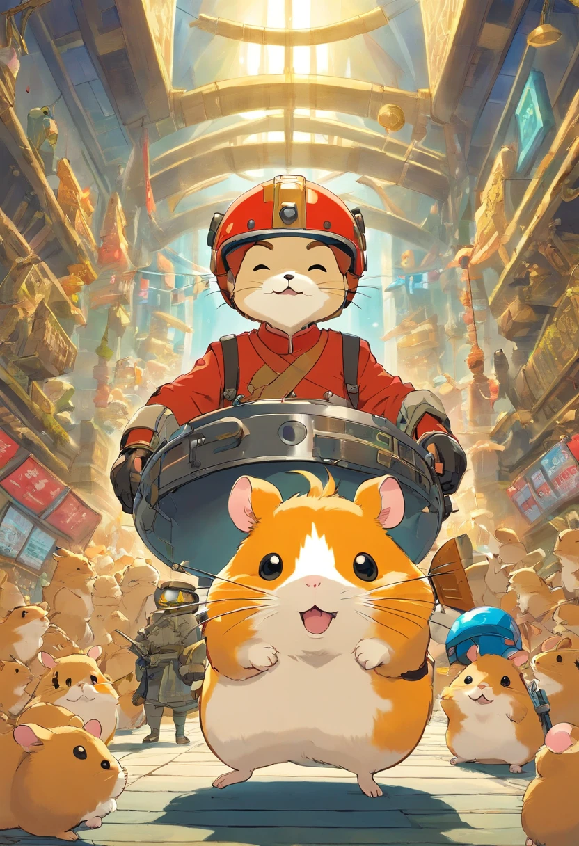 Jolly Hamster, Hung with weapons, Helmet on his head, trades on the stock exchange