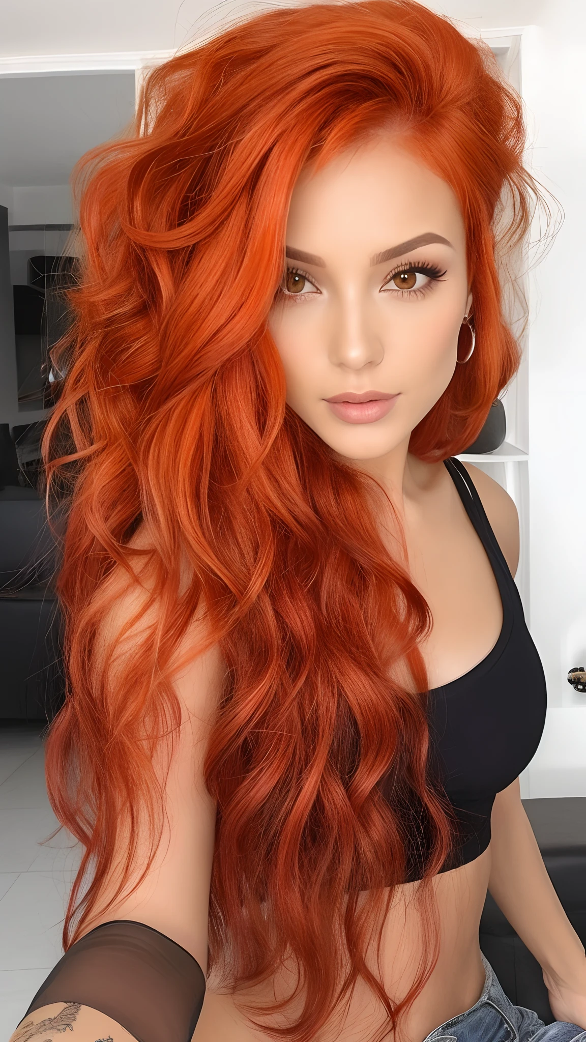 um close up de uma mulher com longos cabelos ruivos e um top preto, cabelo de gengibre, orange hair, gengibre cabelo ondulado, red head, Redhead Girl, cabelos ruivos cacheados, cabelo laranja longo, ela tem cabelos longos e redorange, longos cabelos ondulados laranja, red hair, cabelo longo de gengibre, cabelos cacheados vermelhos, cabelo de gengibre selvagem, com cabelos ruivos cacheados, cabelos cacheados vermelhos