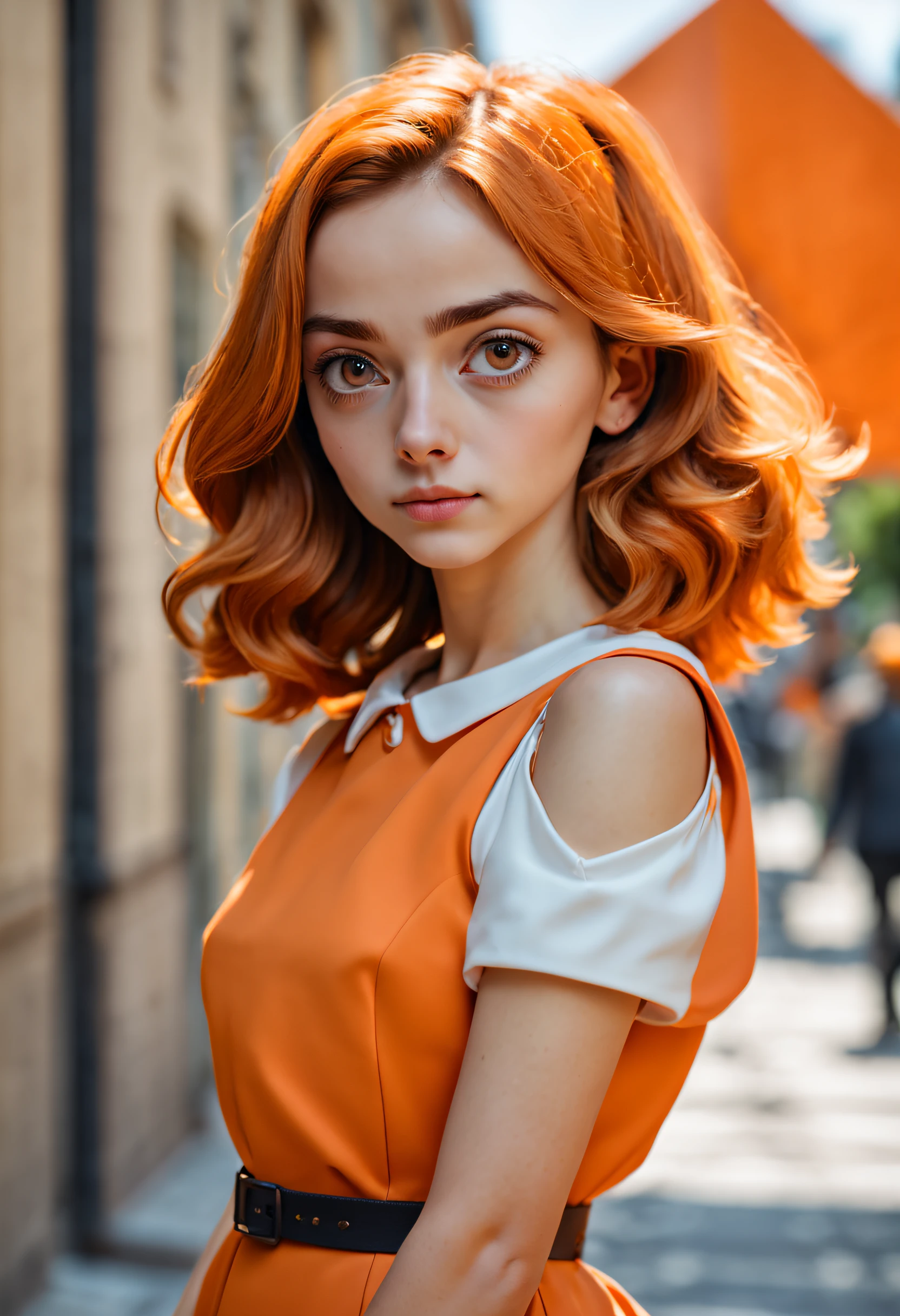 french girl, movie art, style, orange color, instagram:wanda_aiart, female protagonist, perfect cute girl, (8k, RAW photo, best quality, masterpiece:1.2, masterpiec8K.HDR. highresabsurdres:1.2, film grain, blurrybokeh:1.2, masterpiece