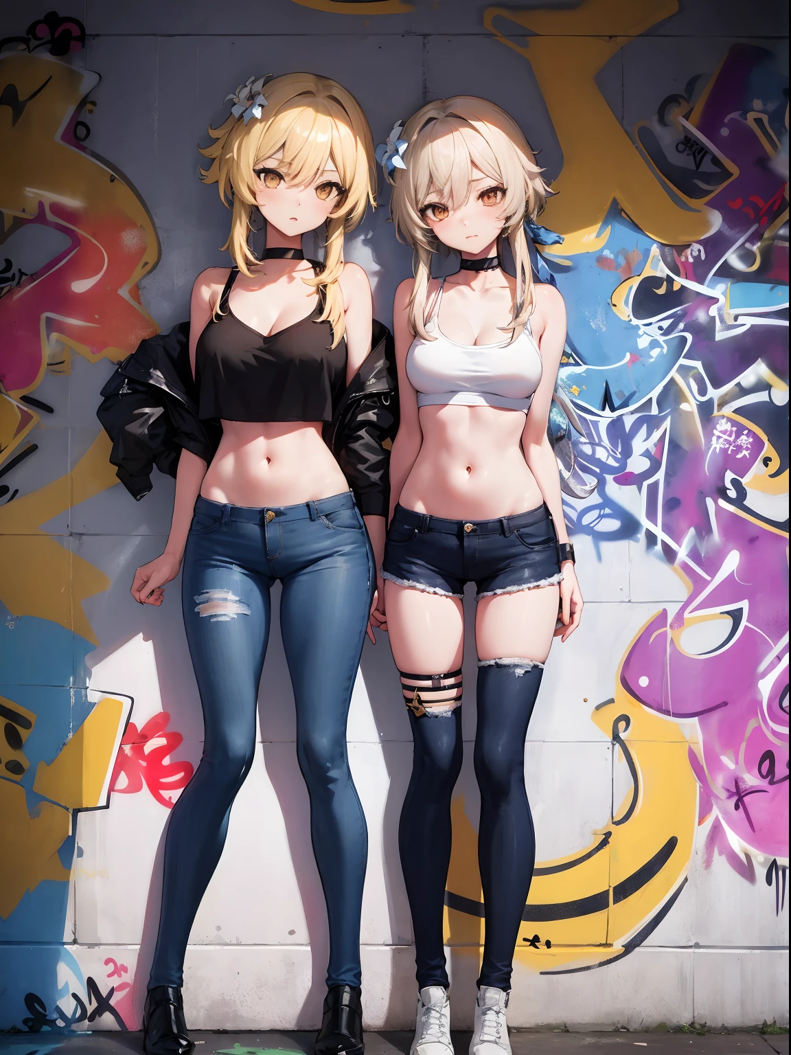 Lumine|genshin impact, master-piece, bestquality, 1girls,25 years old, proportional body, elongated legs, Beautiful, proportional., crop top, Long Jeans, mediuml breasts, ,bara, crop top, choker, (Graffiti:1.5), Splash with purple lightning pattern., arm behind back, against wall, View viewers from the front., Thigh strap, Head tilt, bored,