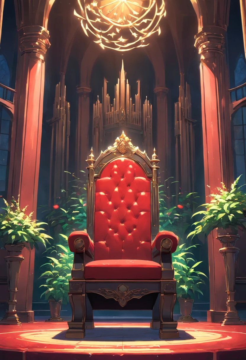 royal hall, one throne, thorn plants, dark light, empty room, gloomy composition, black and red throne, thorn plants around the throne, close up throne.
