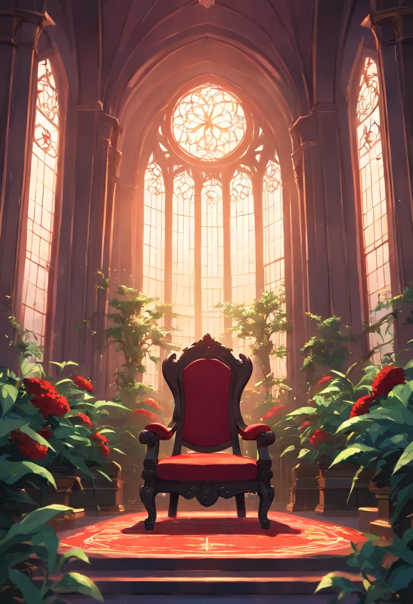 royal hall, one throne, thorn plants, dark light, empty room, gloomy composition, black and red throne, thorn plants around the throne, close up throne.