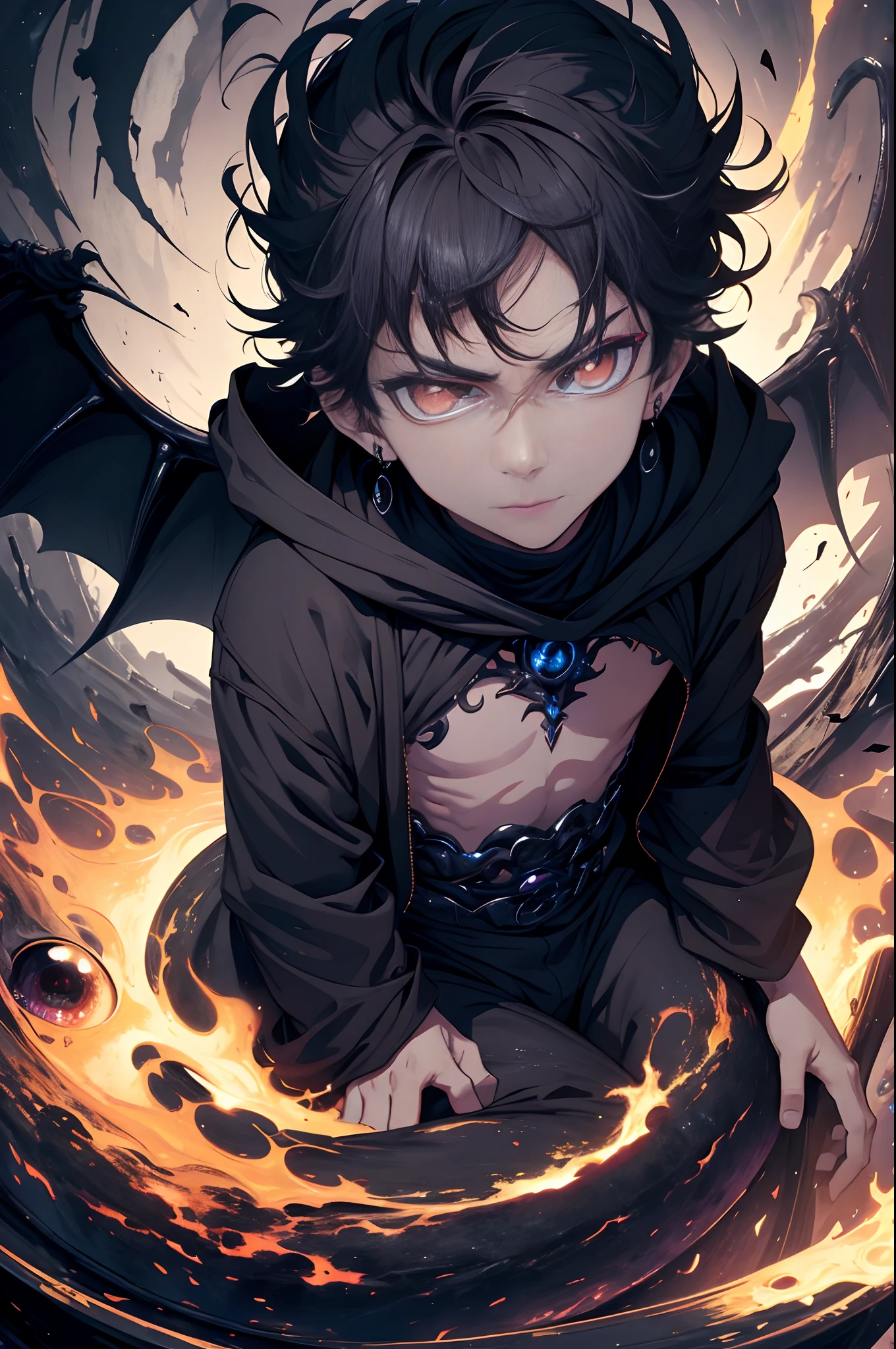 (absurderes, A high resolution, Ultra detailed, hdr), Masterpiece, Best quality, A sitting on a demon,Has a huge eye, In an arrogant expression, Solo, Little boyeballs, giant eyeball, Disgusting, Wings of the Black Devil, demon horn, Handsome, Red eye, glowing light eyes, Black robe, Earrings and accessories, Bare chest, arrogant face, full bodyesbian, Magic Vortex, Spark, swirl, black aura, the sky with clouds, Abyss, abstract backgrounds, From the side Side, Look up, Evil smile