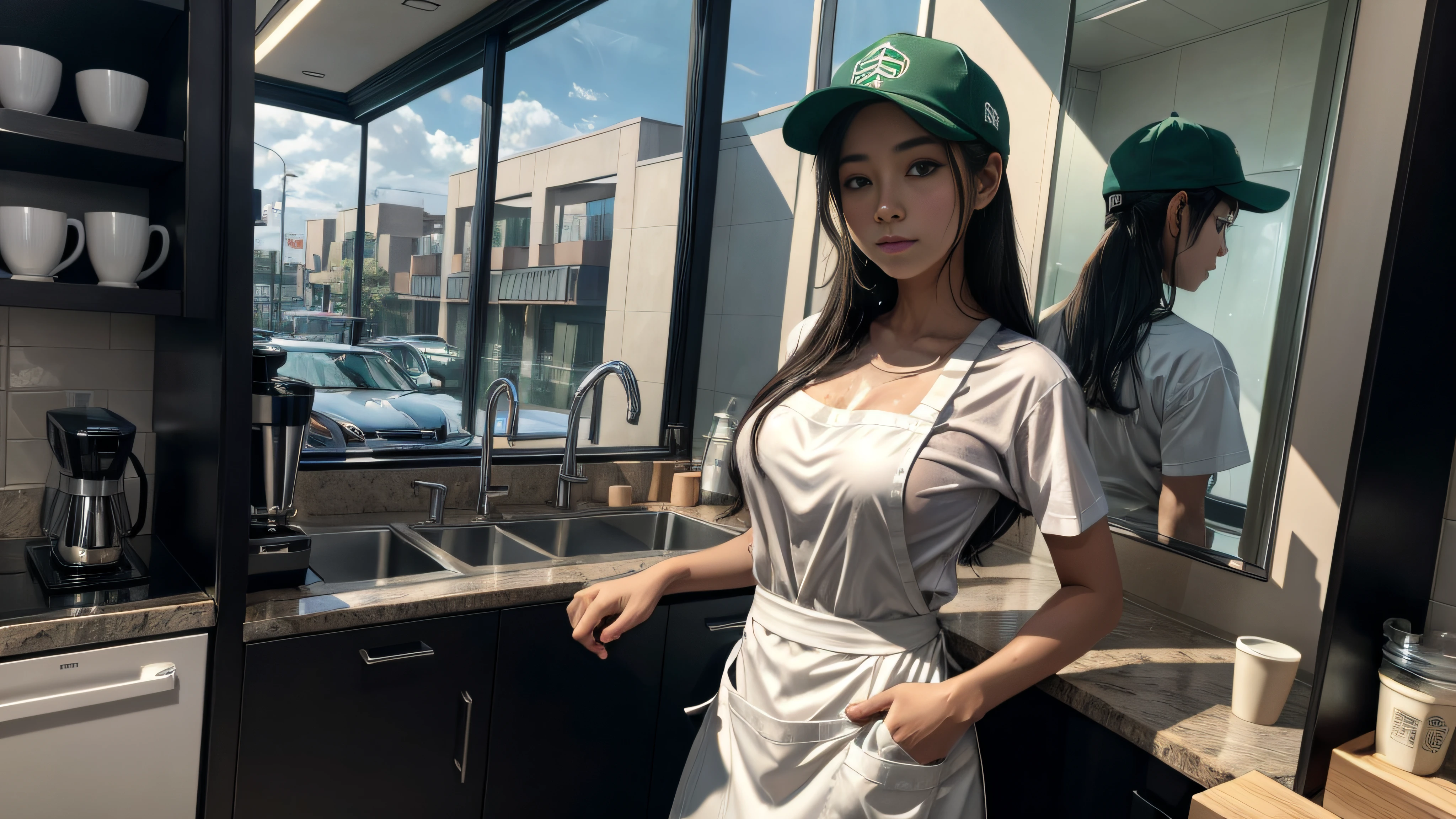 A girl in a black Starbucks uniform makes coffee，in a white shirt，Clothes and skin are soaked all over，（wetclothes：1.8），Reflective skin，Sweaty skin，（The palm does not appear 1.5），He wears a green baseball cap on his head，high high quality、tmasterpiece、Hyper-Resolution、barechested、NAKED Apron、wearing apron、Half-body mirror，