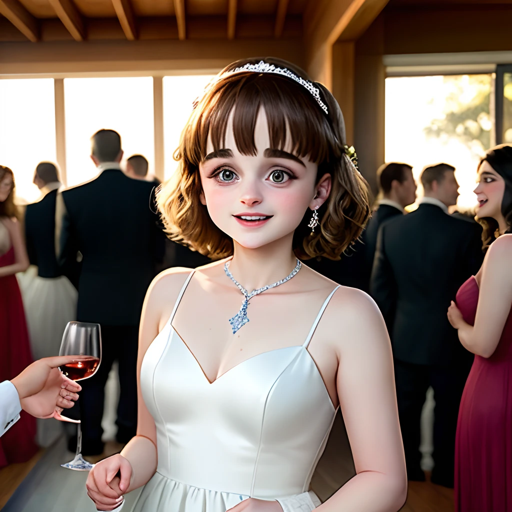 Joey King at a wedding party in a house. Realistic